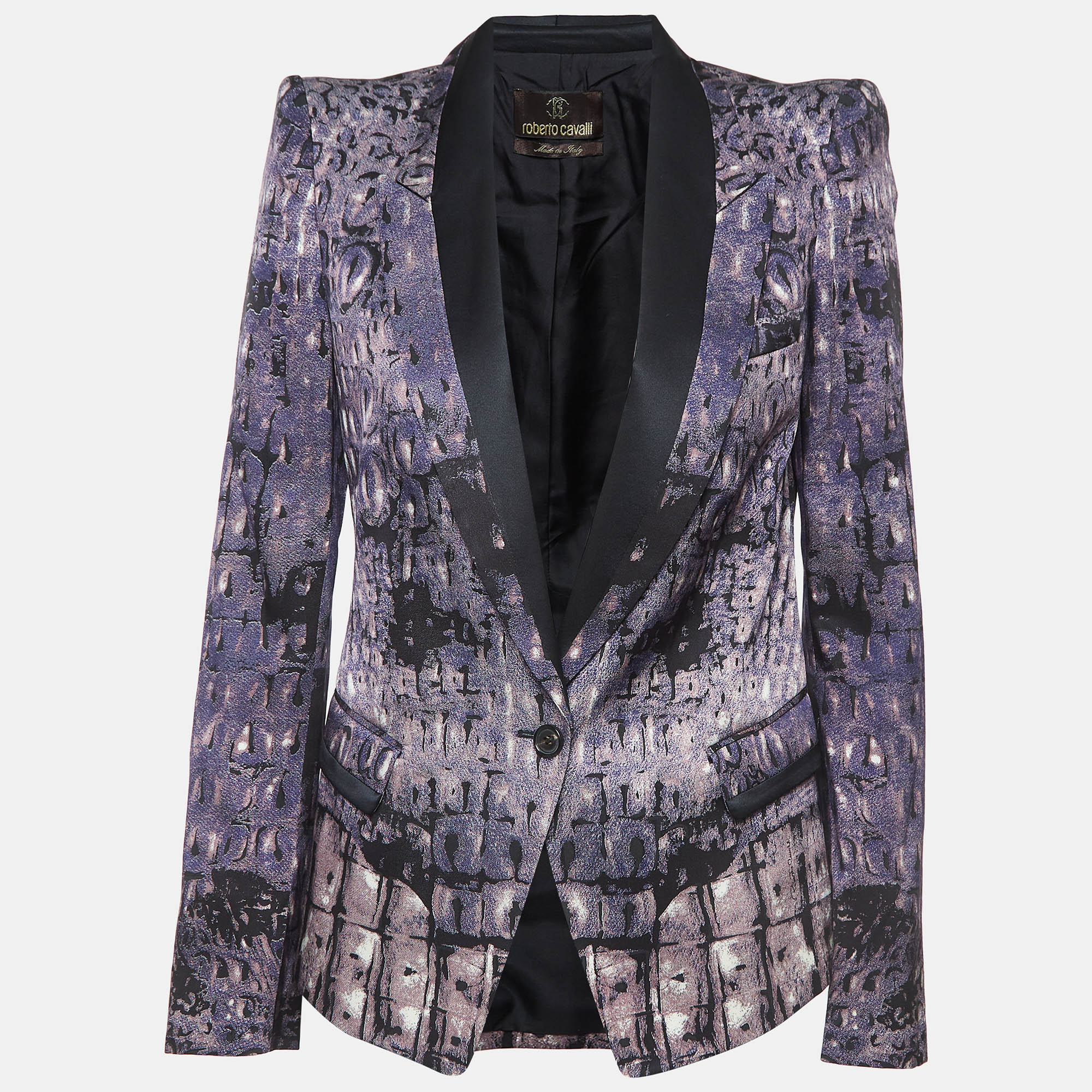 Roberto cavalli purple printed silk single-breasted blazer m
