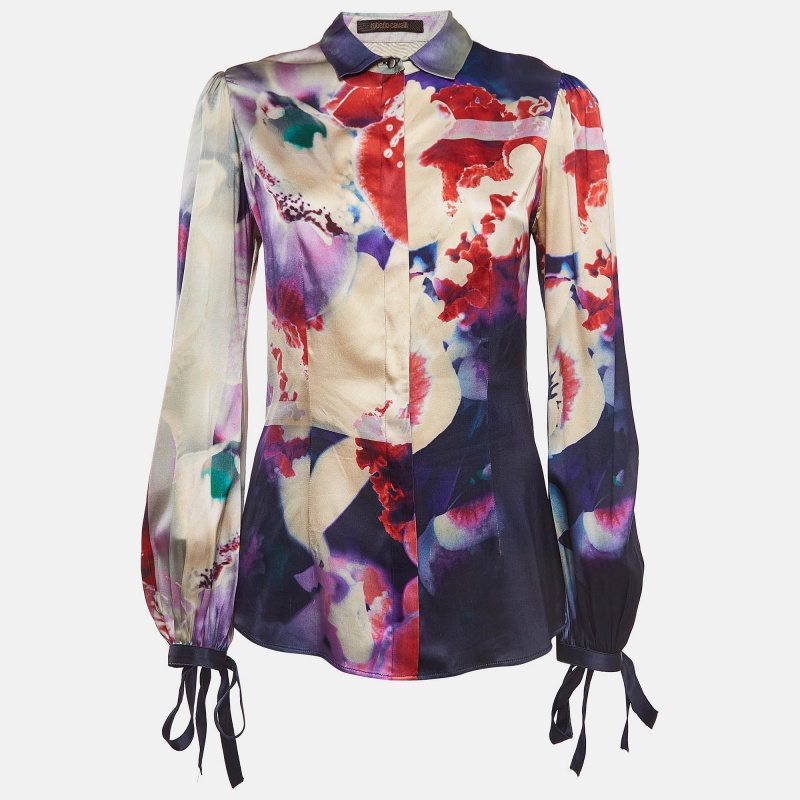 Roberto cavalli multicolor abstract print satin silk shirt m