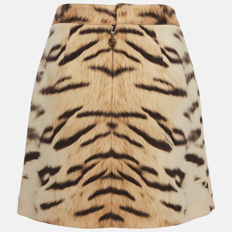 Roberto Cavalli Beige Tiger Print Fleece Wool Mini Skirt M