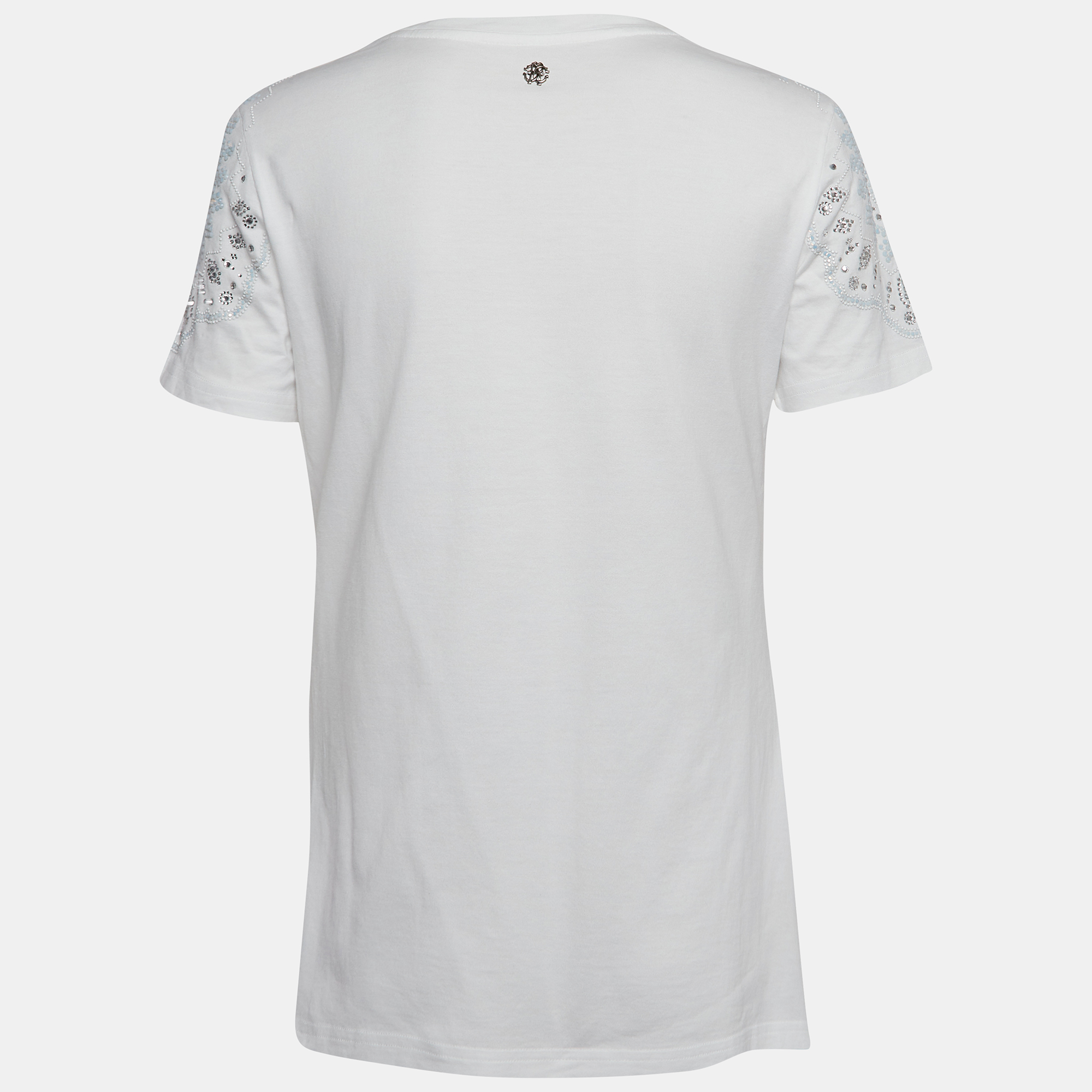 Roberto Cavalli White Crystal Embellished Jersey T-Shirt M