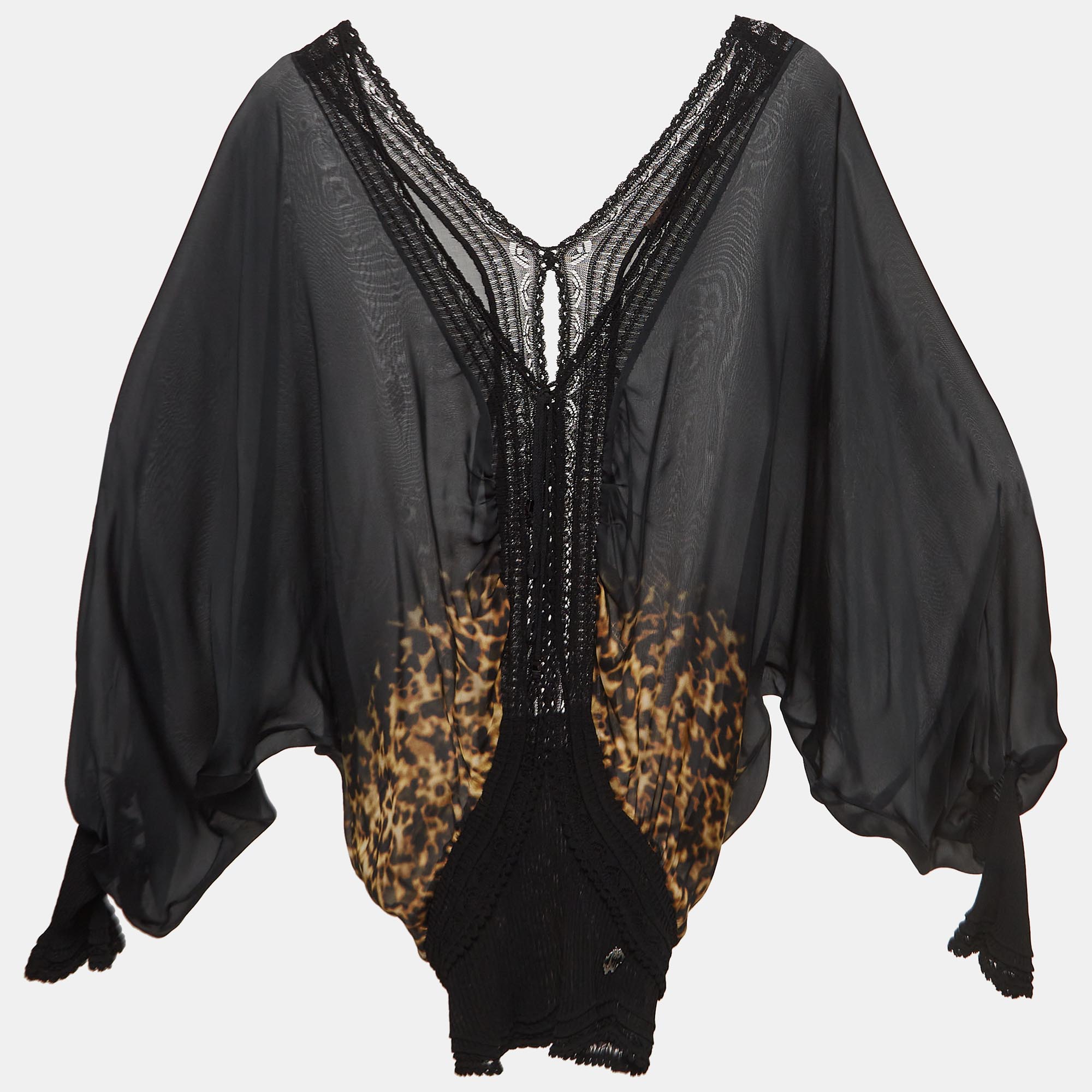 Roberto Cavalli Black Animal Print Long Sleeve Silk Blouse S