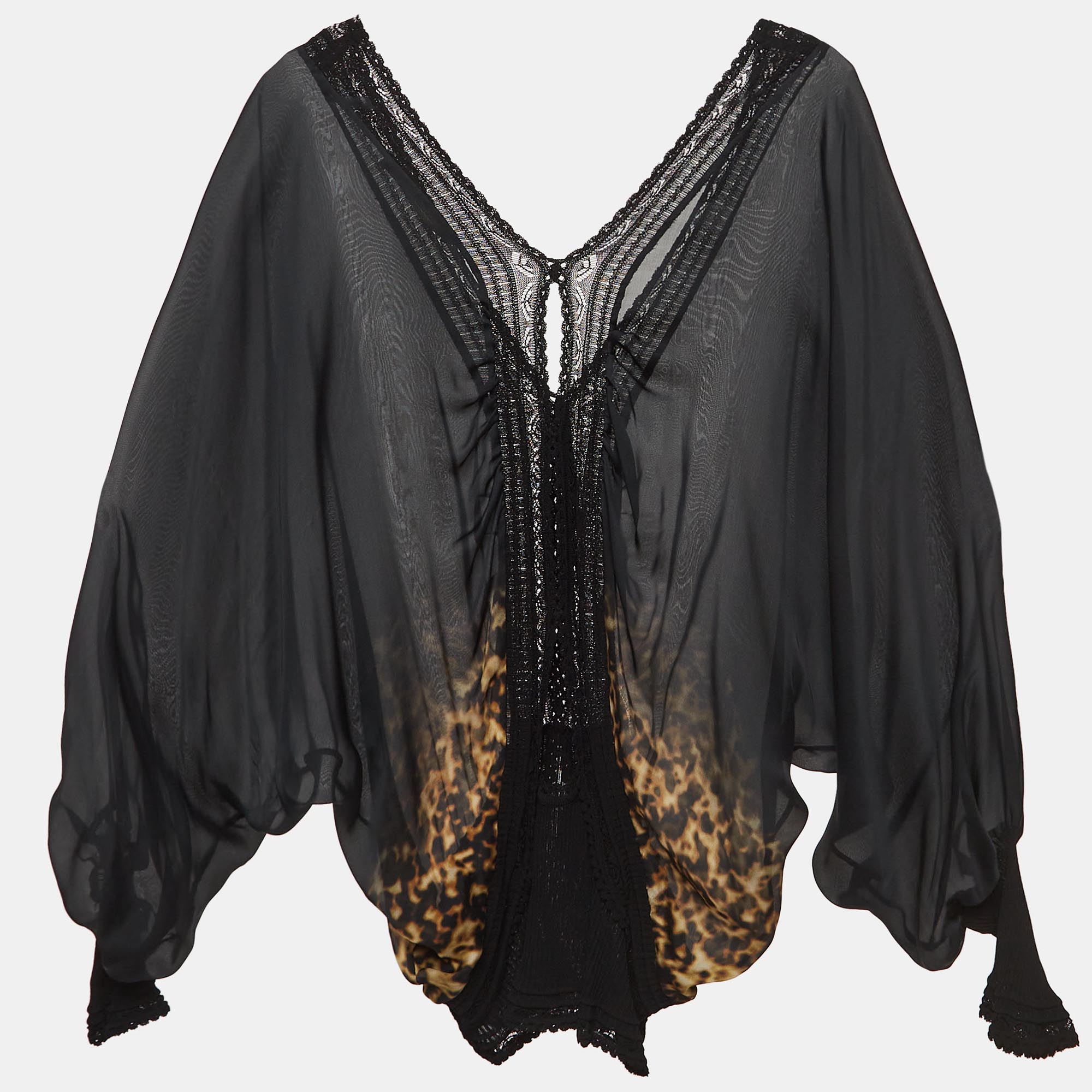 Roberto cavalli black animal print long sleeve silk blouse s