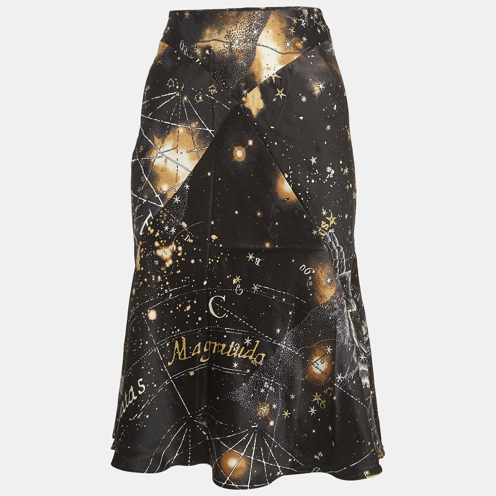 Roberto cavalli black constellation print silk flared midi skirt s