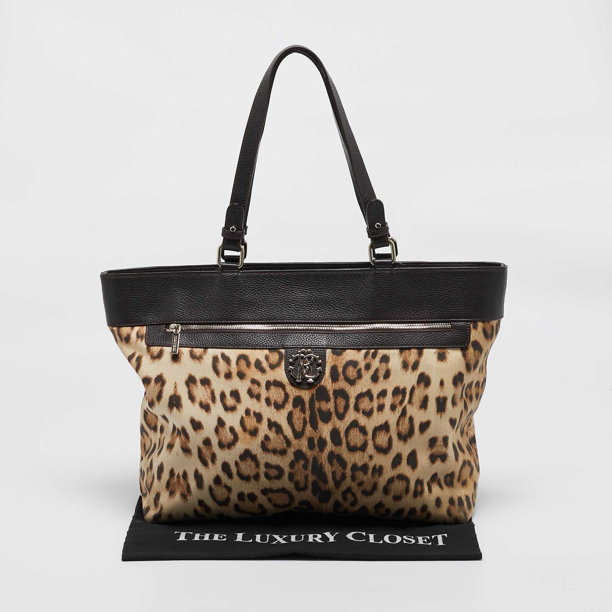 Roberto Cavalli Brown/Beige Leopard Print Fabric And Leather Front Zip Tote