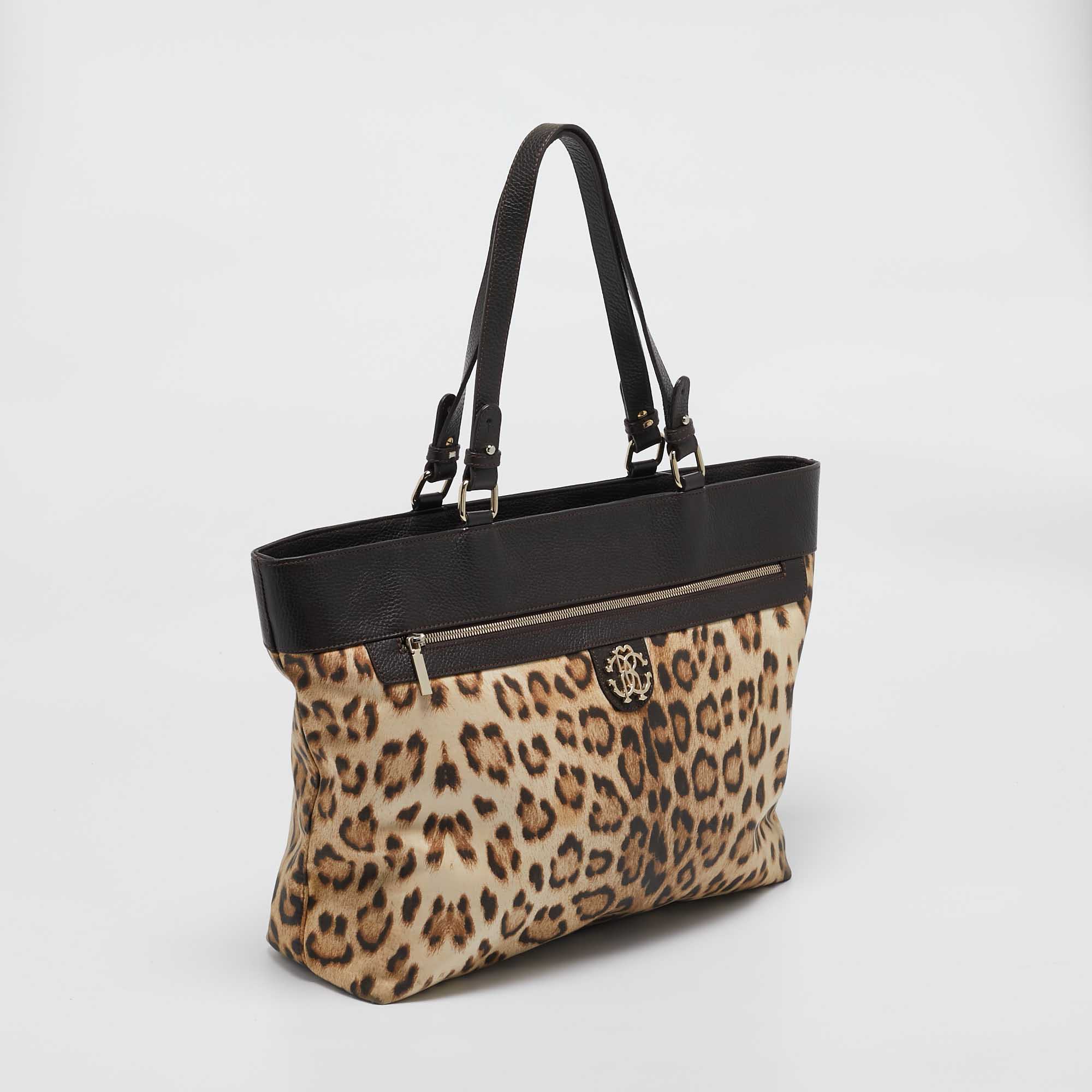 Roberto Cavalli Brown/Beige Leopard Print Fabric And Leather Front Zip Tote