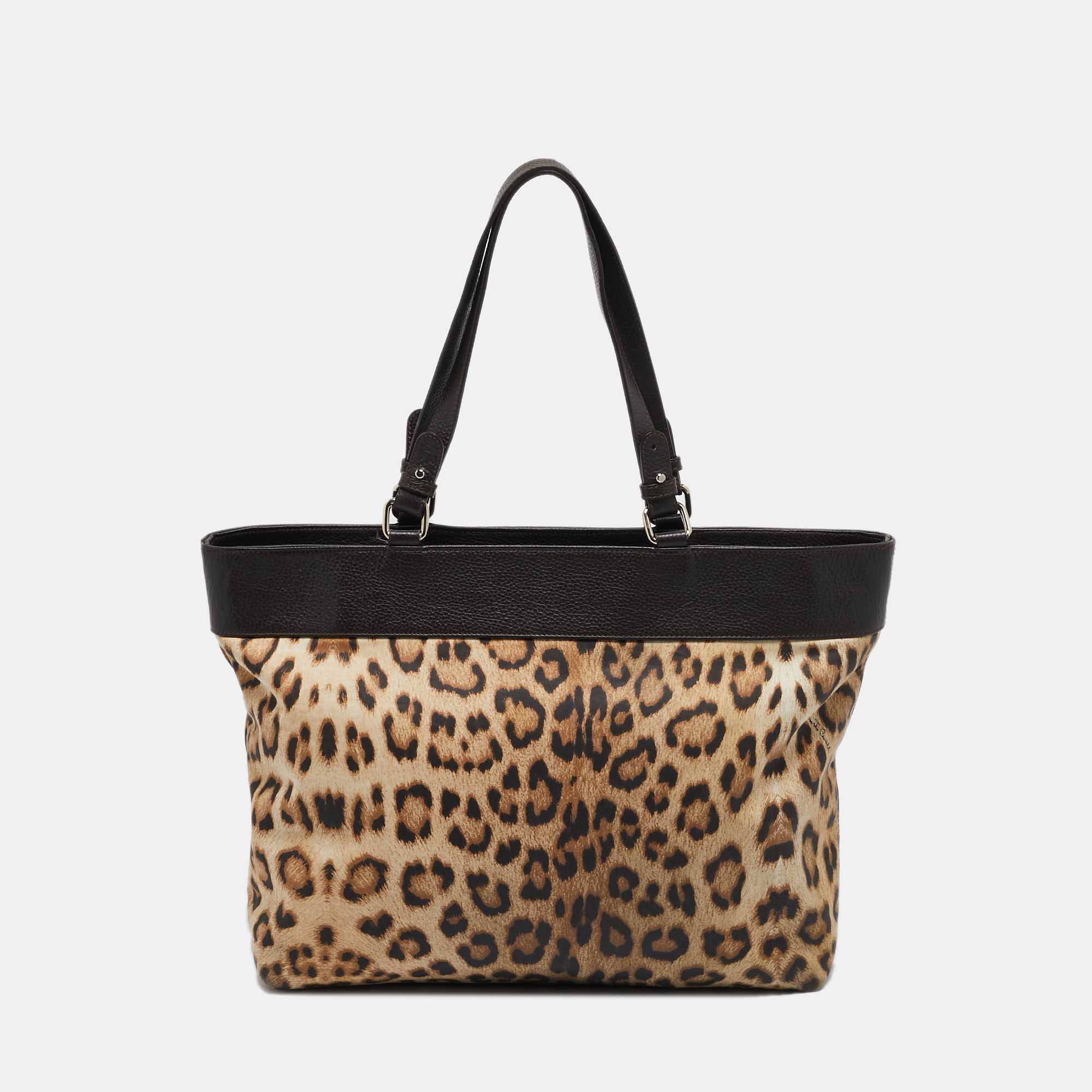 Roberto Cavalli Brown/Beige Leopard Print Fabric And Leather Front Zip Tote