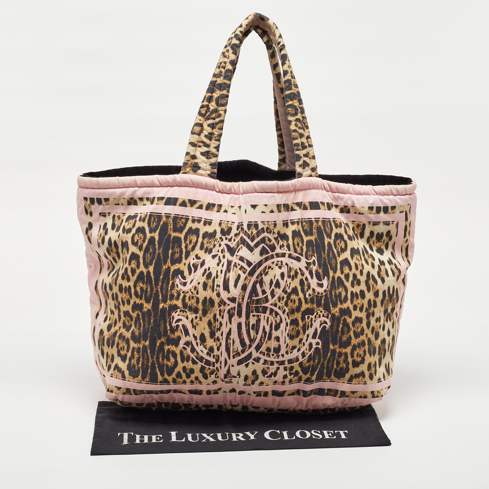 Roberto Cavalli Multicolor Fabric Leopard Print Logo Shopper Tote