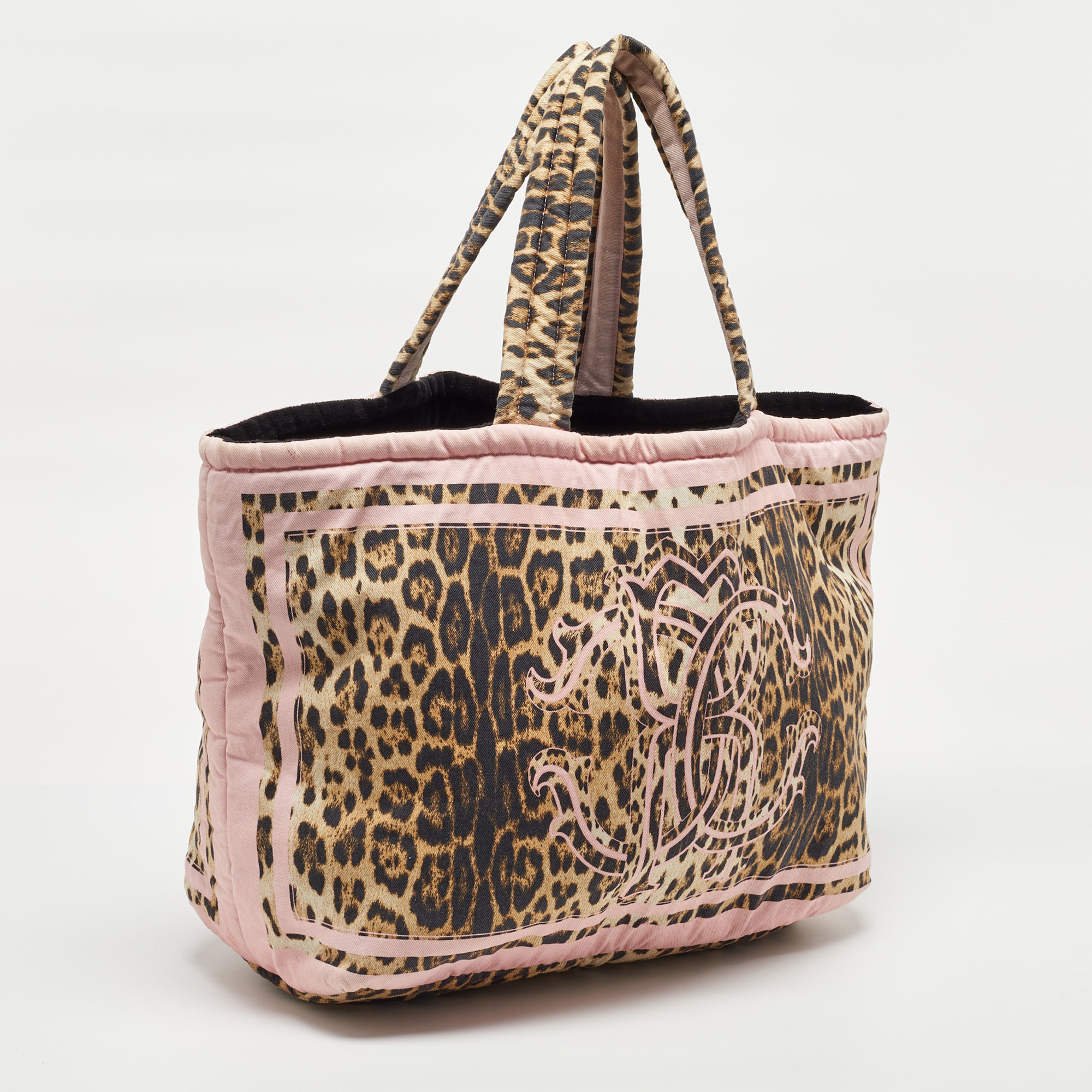 Roberto Cavalli Multicolor Fabric Leopard Print Logo Shopper Tote