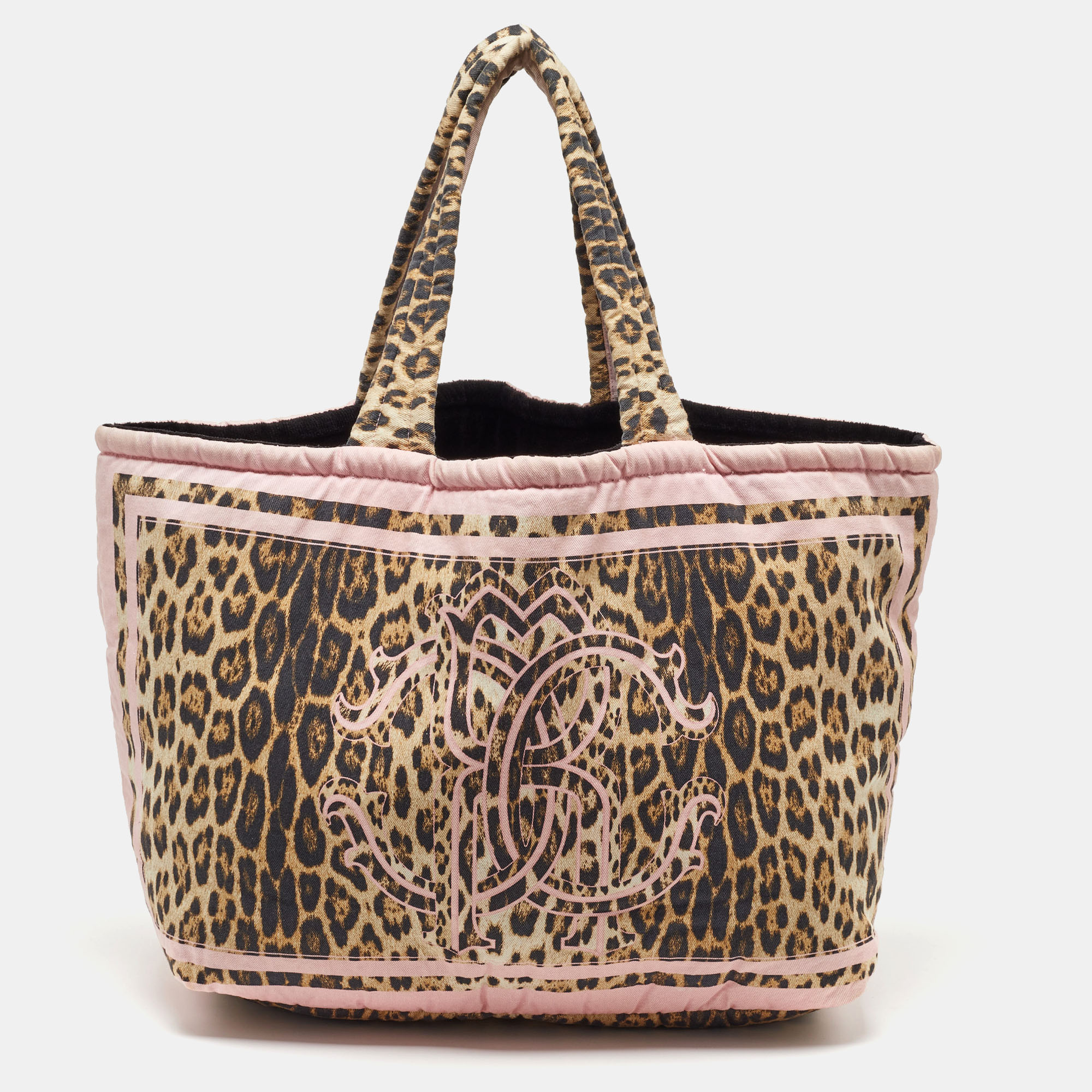 Roberto Cavalli Multicolor Fabric Leopard Print Logo Shopper Tote