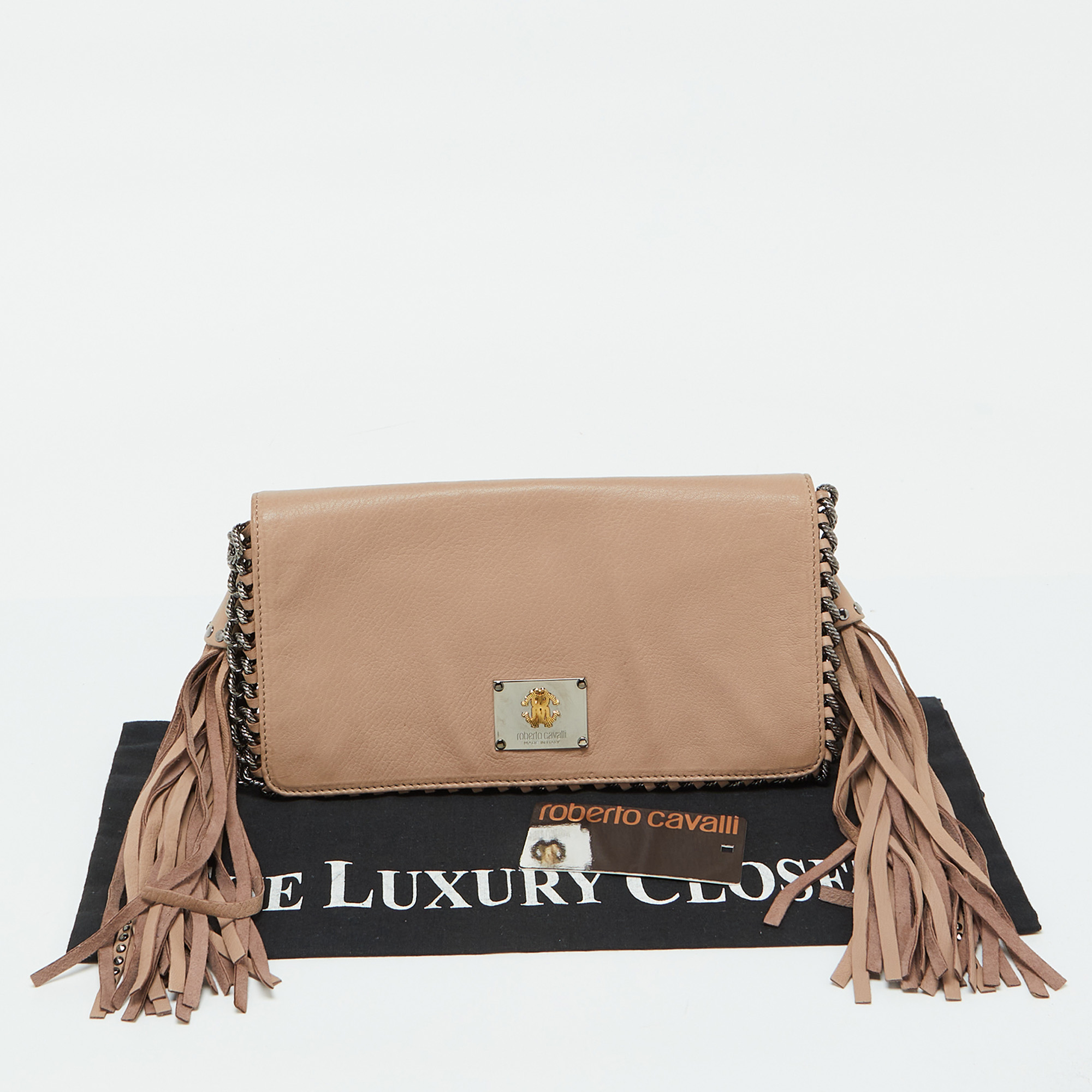 Roberto Cavalli Beige Leather Tassel Chain Link Clutch