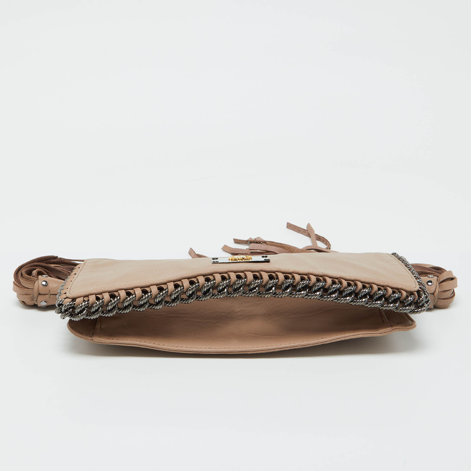 Roberto Cavalli Beige Leather Tassel Chain Link Clutch