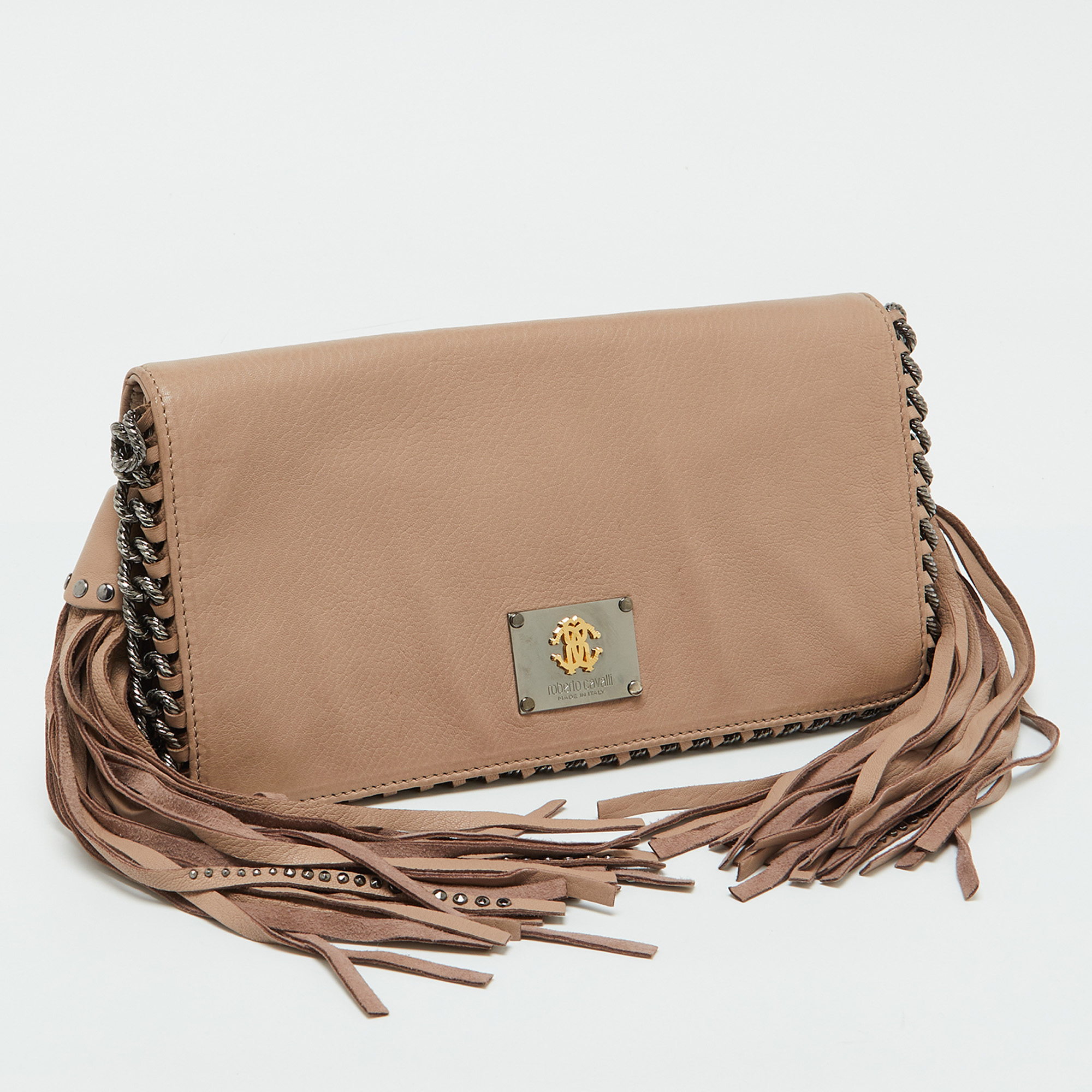 Roberto Cavalli Beige Leather Tassel Chain Link Clutch