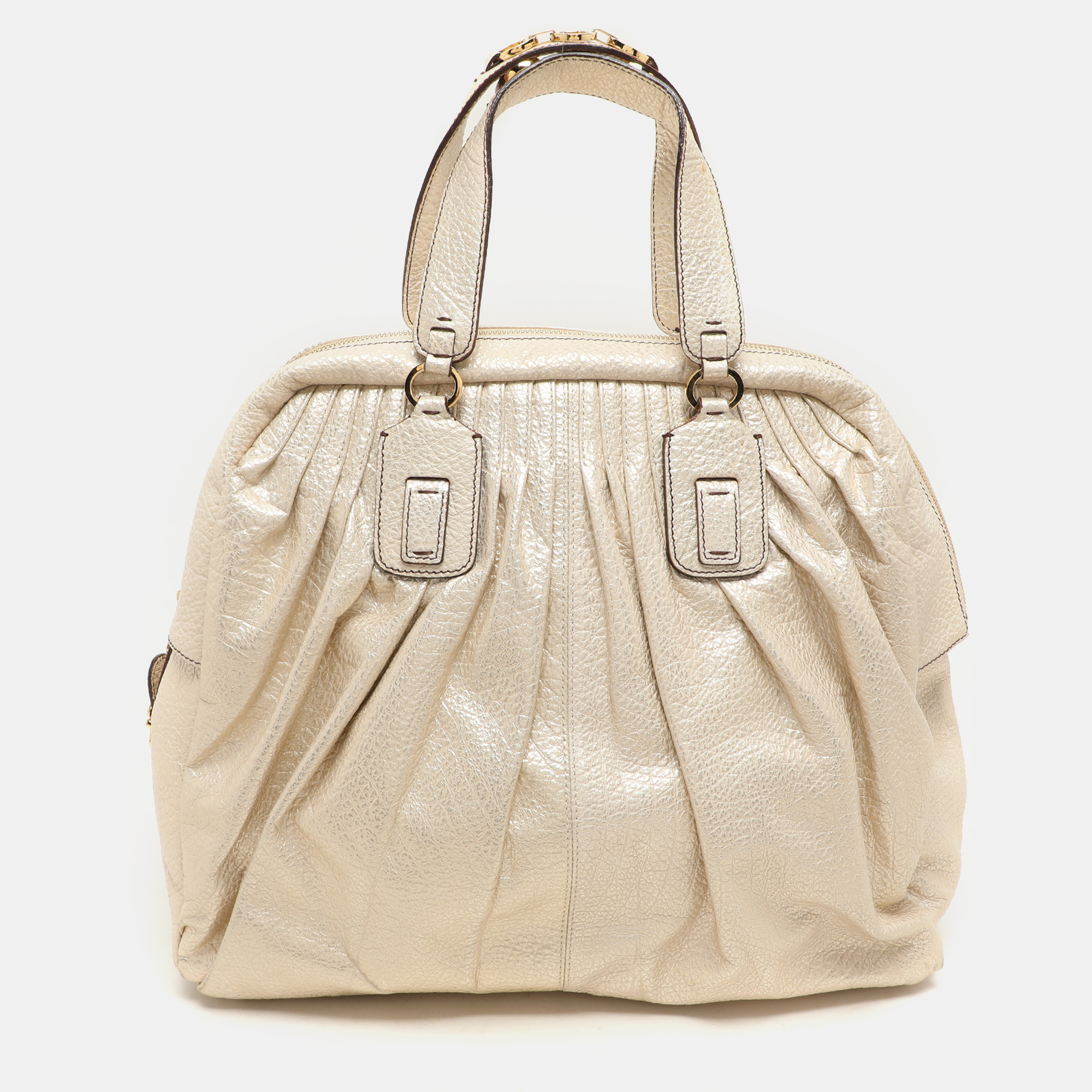 Roberto Cavalli Metallic Gold Textured Leather Chain Detail Handle Satchel
Roberto Cavalli Metallic Gold Textured Leather Chain Detail Handle Satchel