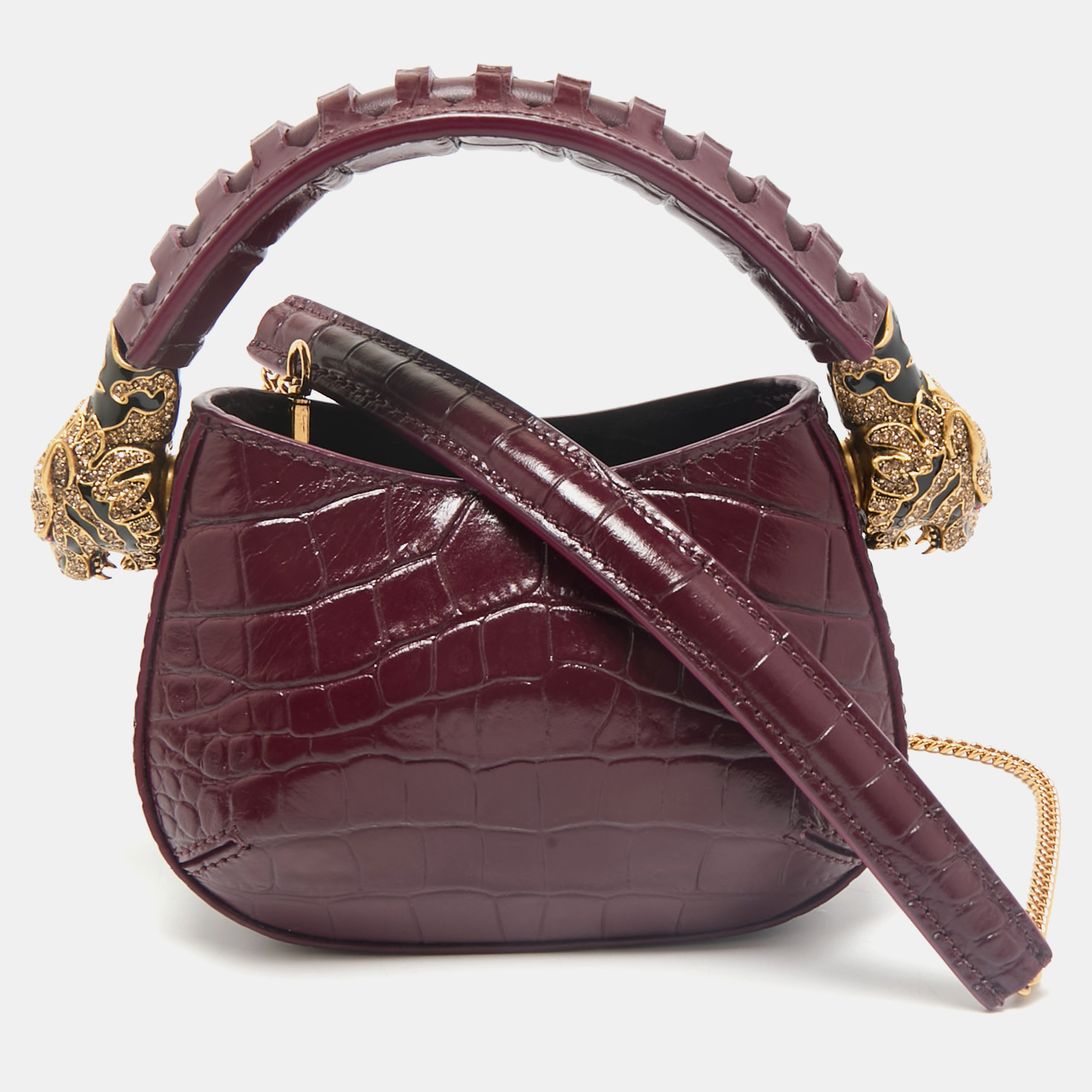 Roberto Cavalli Burgundy Croc Embossed Leather Mini Roar Top Handle Bag
Roberto Cavalli Burgundy Croc Embossed Leather Mini Roar Top Handle Bag
