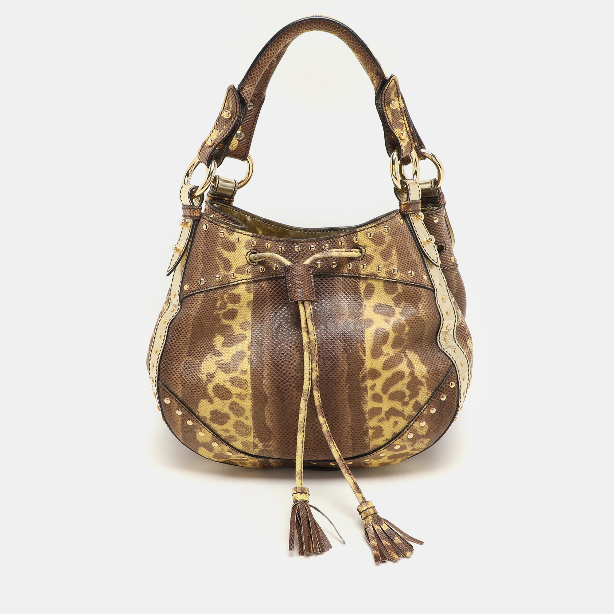 Roberto Cavalli Yellow/Brown Foil Leather and Karung Leather Tassel Drawstring Hobo
Roberto Cavalli Yellow/Brown Foil Leather and Karung Leather Tassel Drawstring Hobo