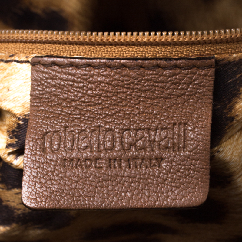 Roberto Cavalli Brown Logo Embossed Leather Satchel