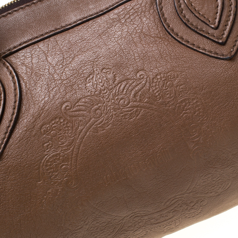 Roberto Cavalli Brown Logo Embossed Leather Satchel