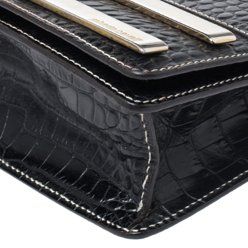 Roberto Cavalli Black Crocodile Embossed Leather Logo Chain Clutch