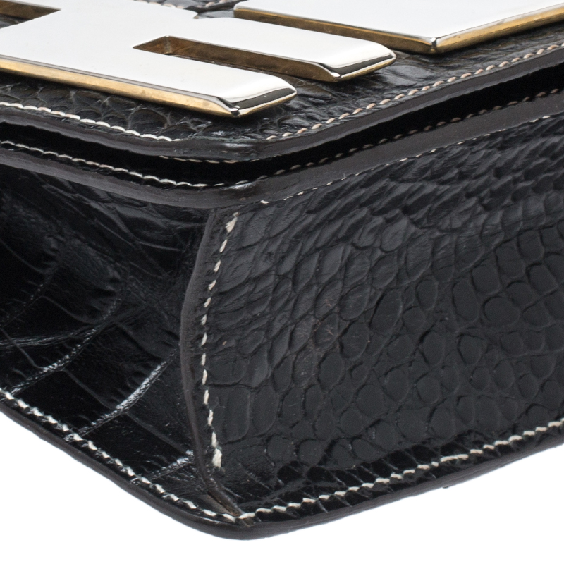 Roberto Cavalli Black Crocodile Embossed Leather Logo Chain Clutch