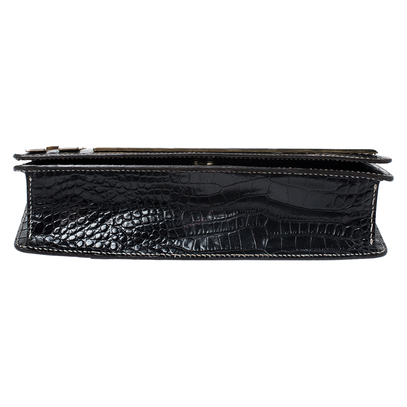 Roberto Cavalli Black Crocodile Embossed Leather Logo Chain Clutch