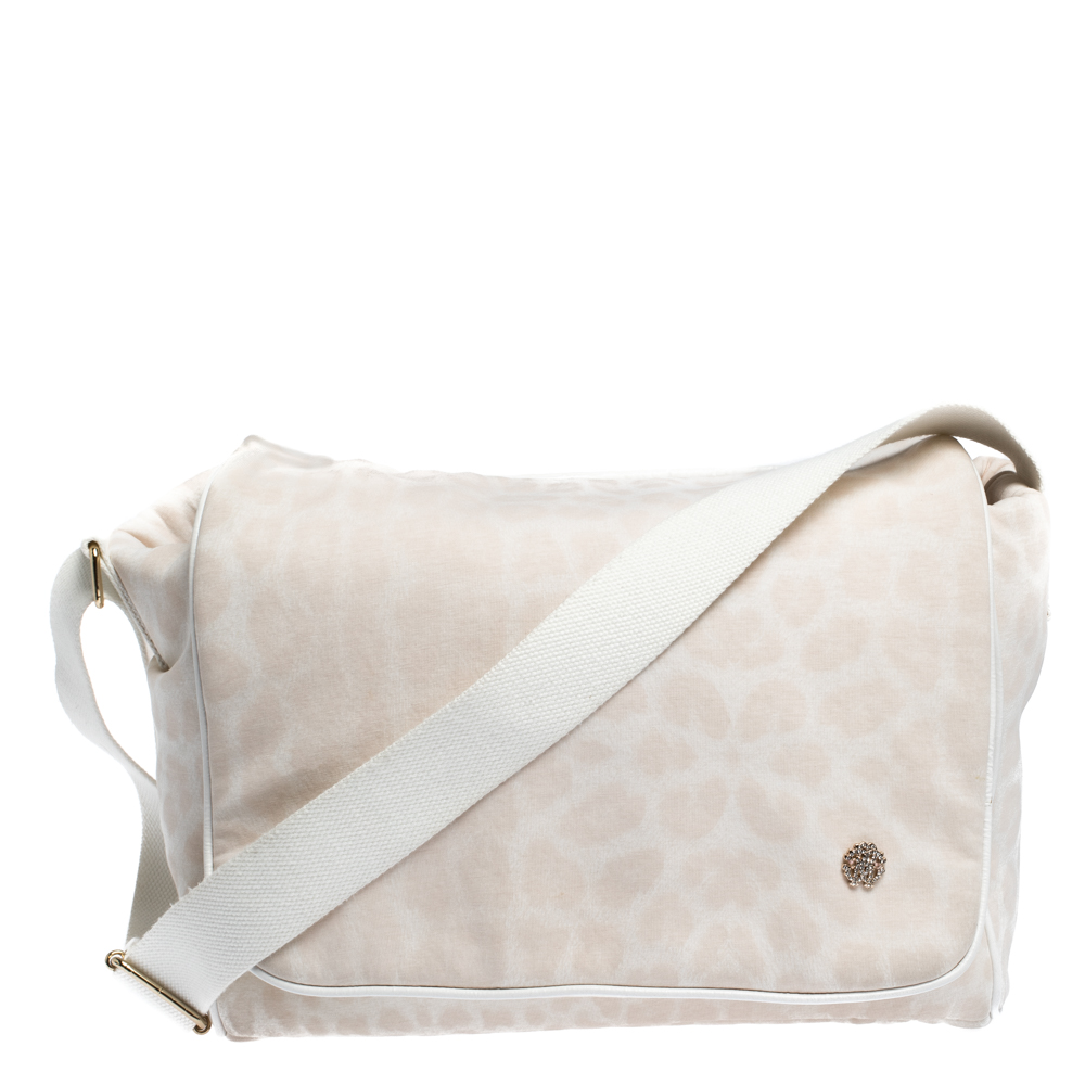 Image of Roberto Cavalli Light Cream Leopard Print Cotton Flap Messenger Bag