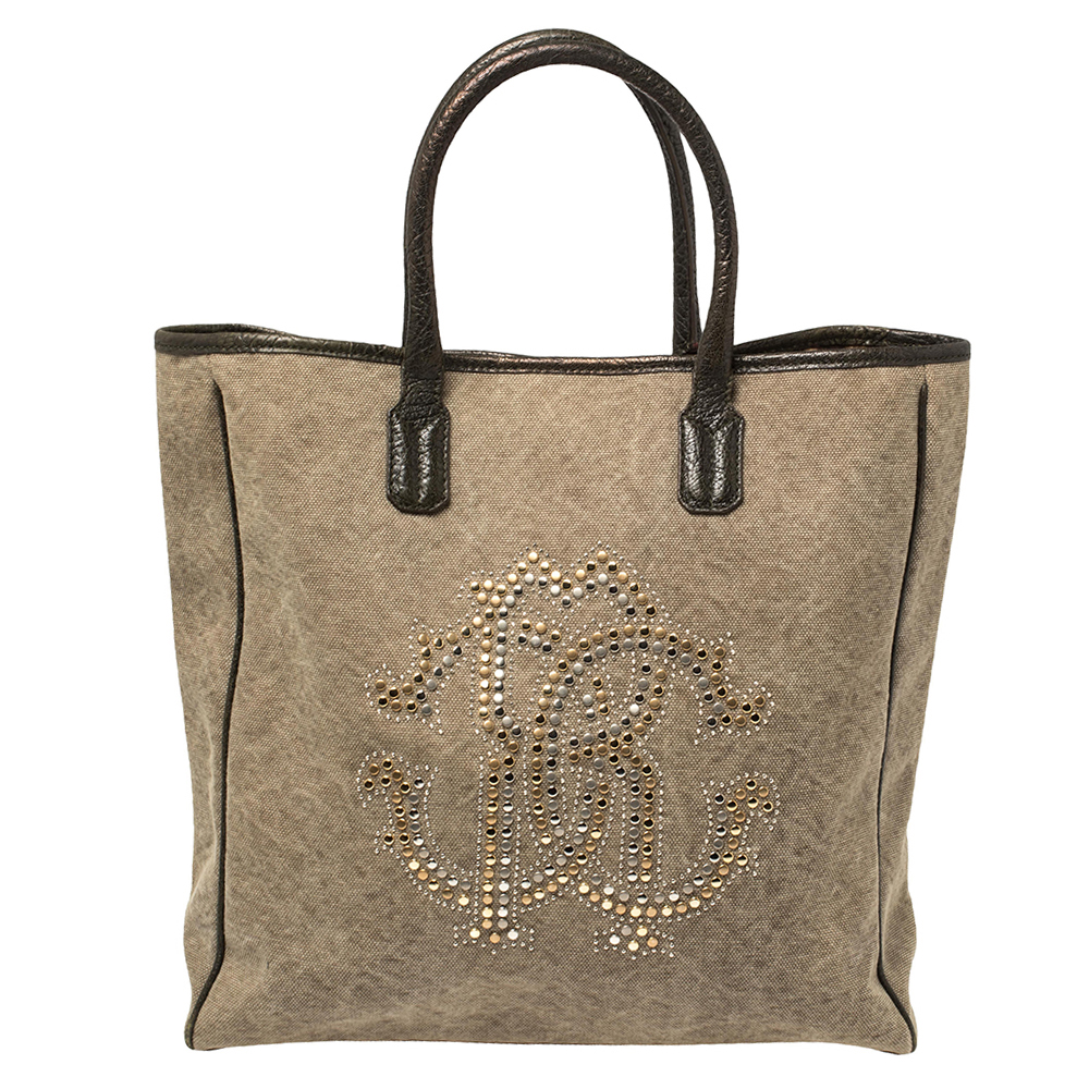 Roberto Cavalli Moss Green Canvas and Leather Studded Logo Tote