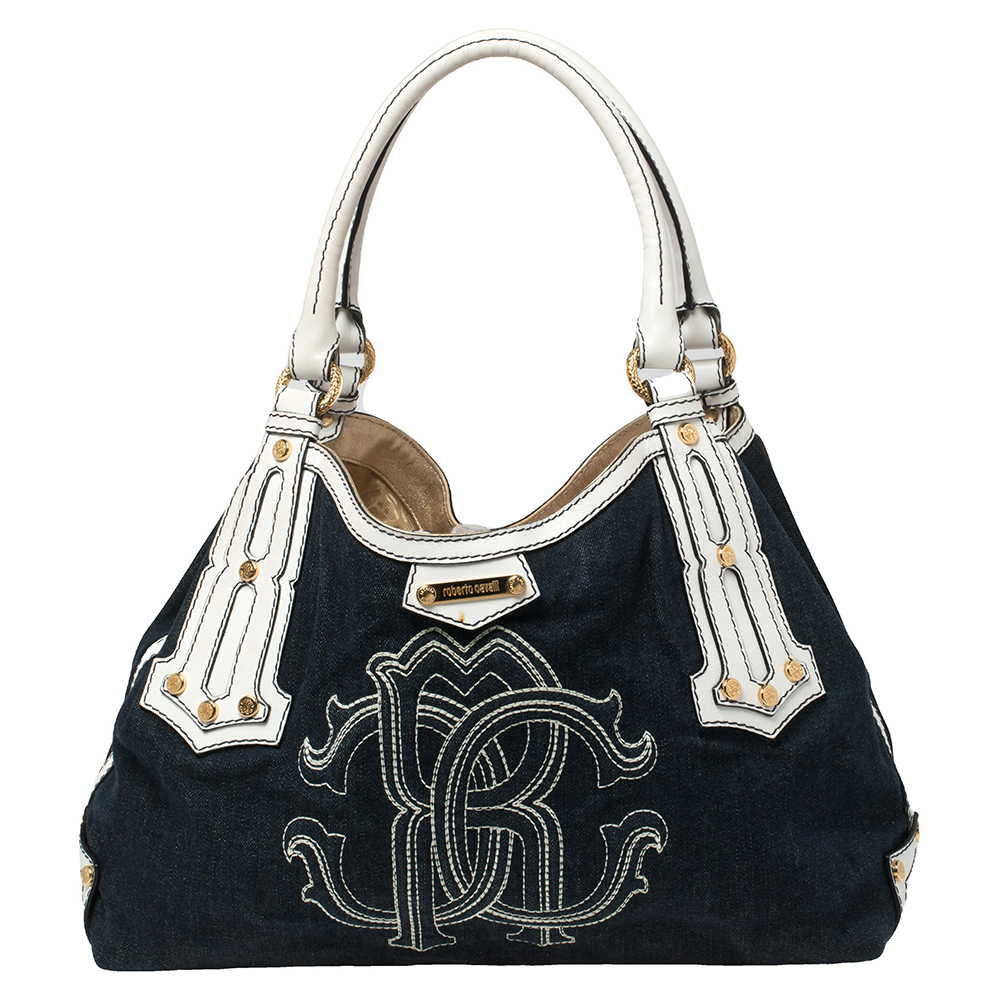 Roberto Cavalli Navy Blue/White Denim and Leather Logo Shoulder Bag