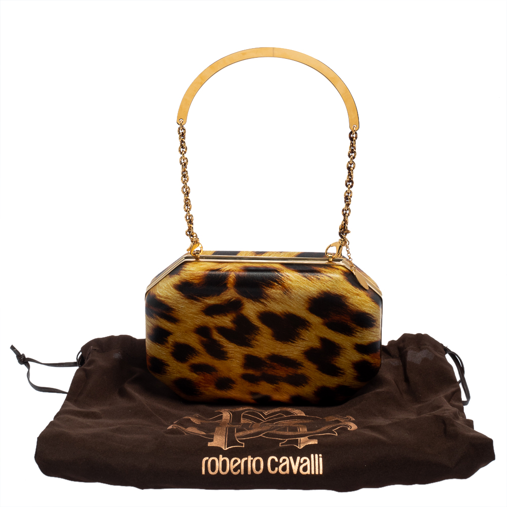 Roberto Cavalli Brown Leopard Print Leather Clutch