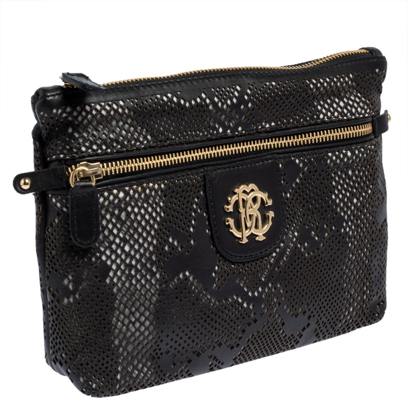 Roberto Cavalli Black Perforated Leather Pouch