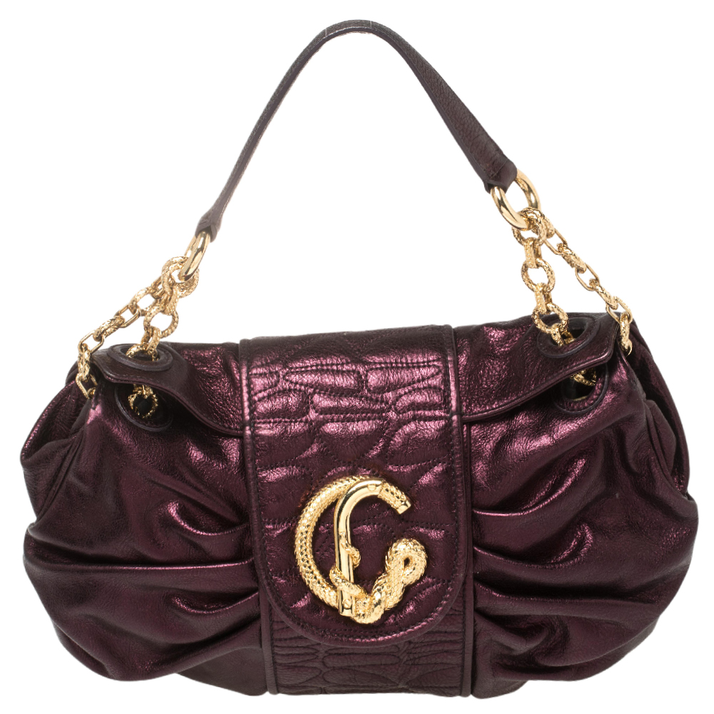 Roberto Cavalli Metallic Purple Pleated Leather Shoulder Bag