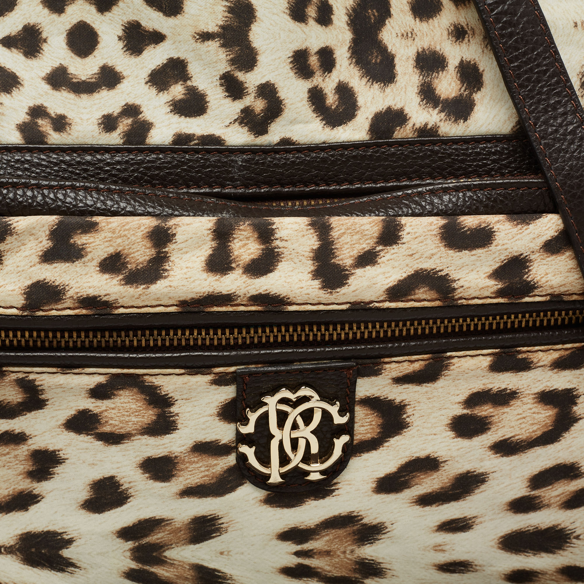 Roberto Cavalli Brown/Beige Leopard Satin And Leather Tote