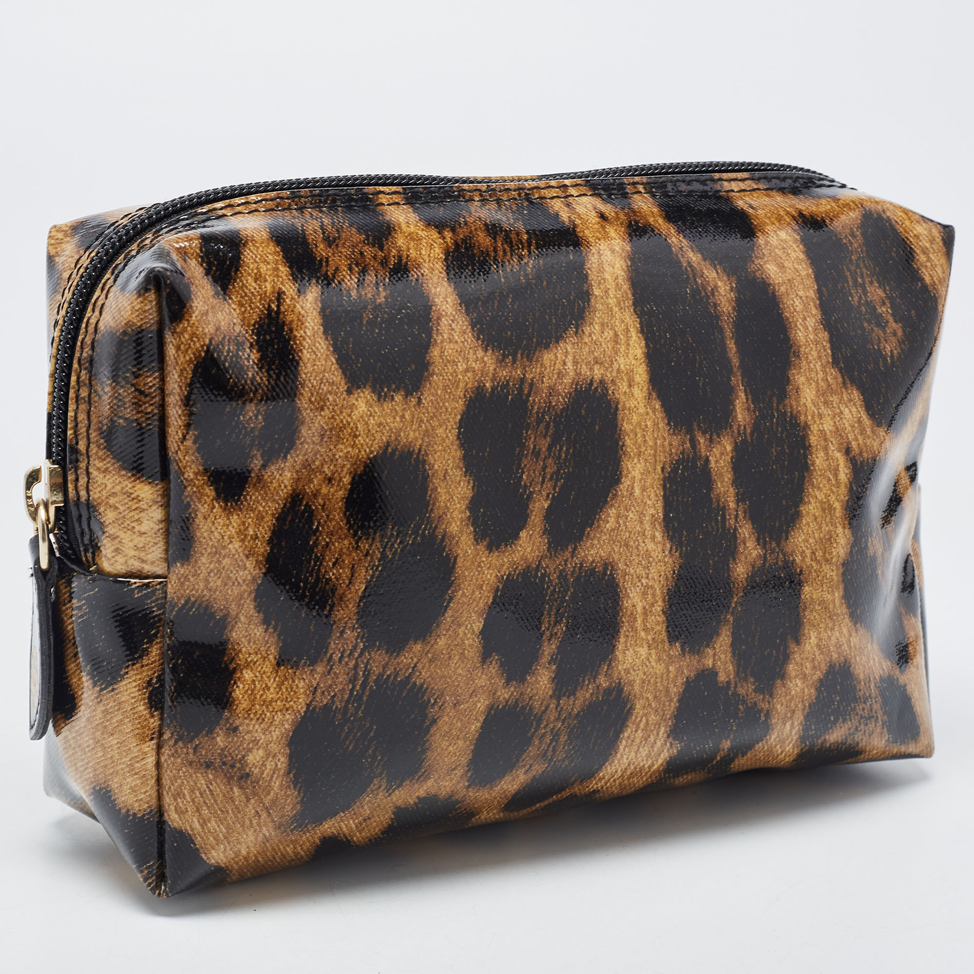 Roberto Cavalli Brown/Black Leopard Print Patent Leather Cosmetic Pouch