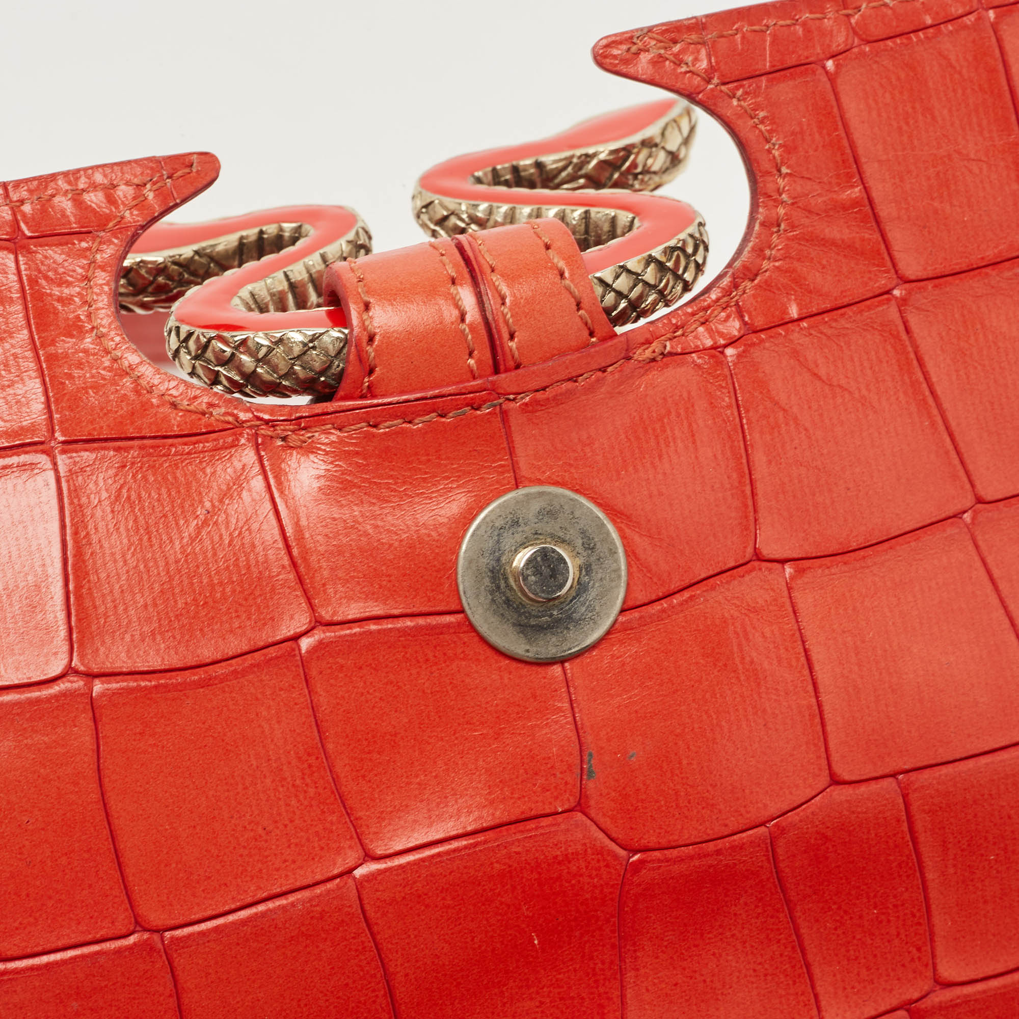 Roberto Cavalli Red Crocodile Embossed Leather Serpenti Flap Chain Bag