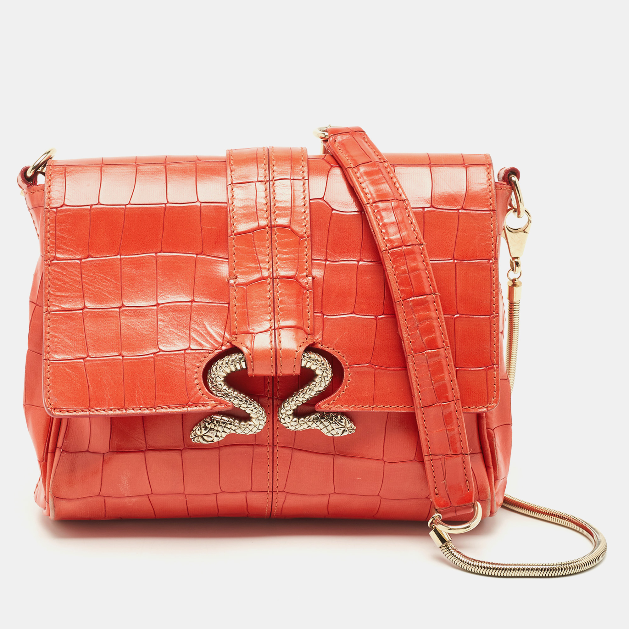 Roberto cavalli red crocodile embossed leather serpenti flap chain bag