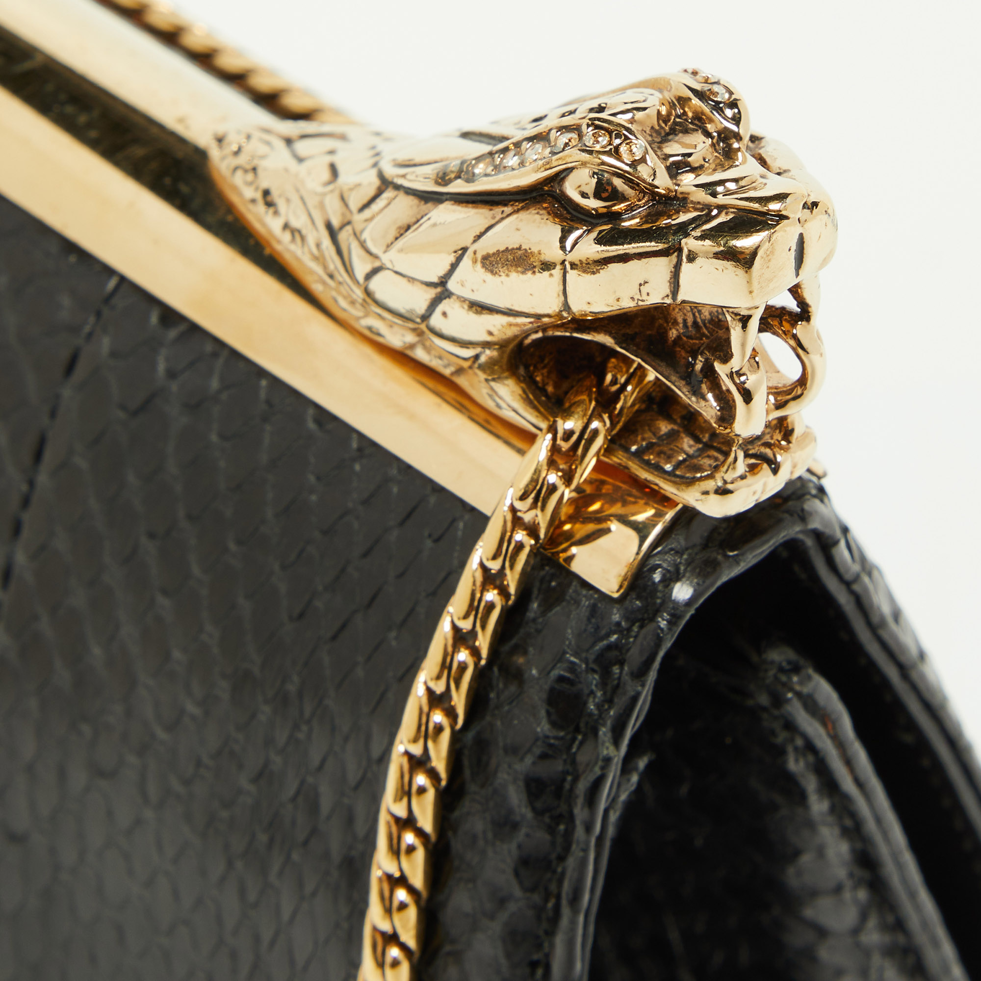 Roberto Cavalli Black Watersnake Leather Serpente Frame Chain Bag