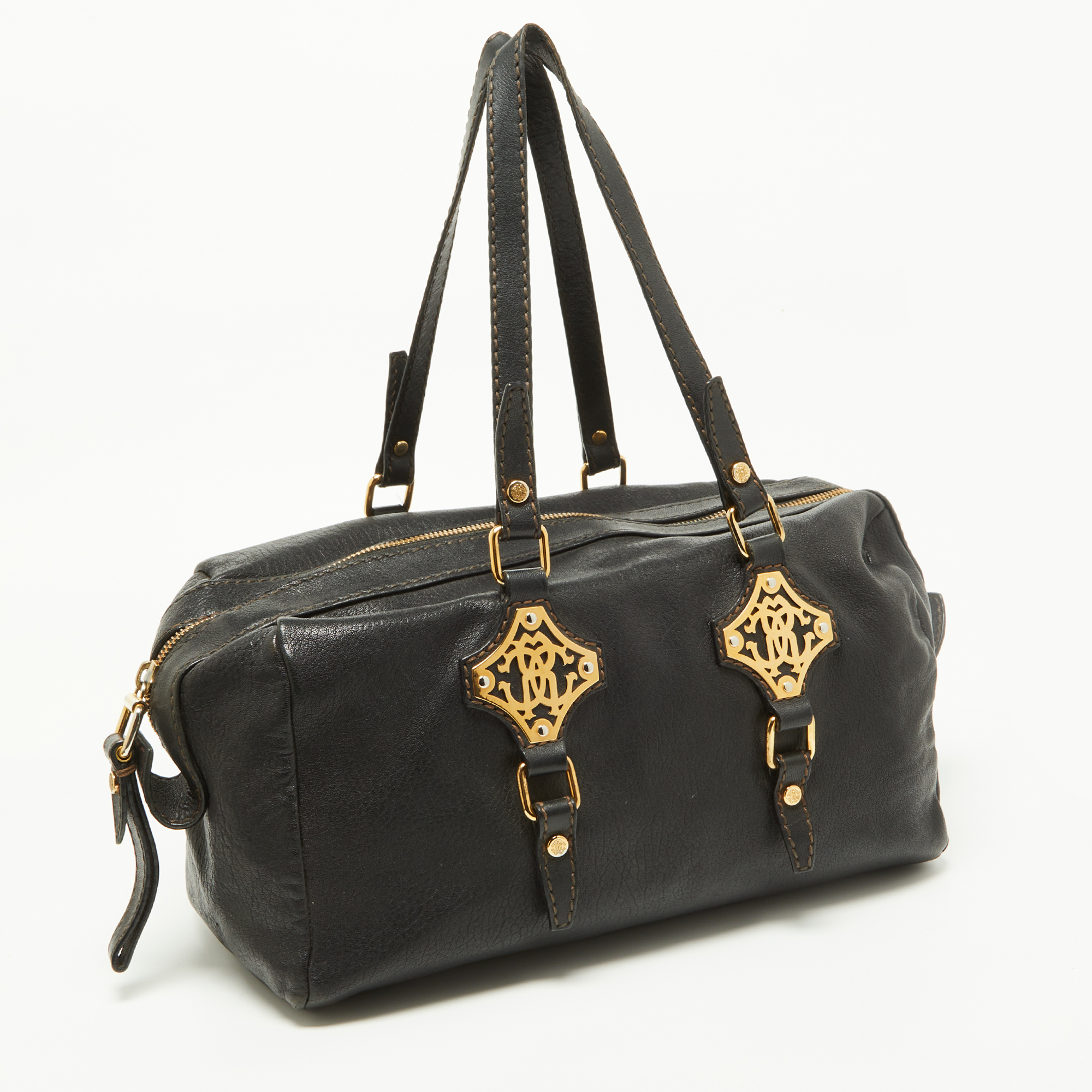 Roberto Cavalli Black Leather Zip Detail Duffle Bag