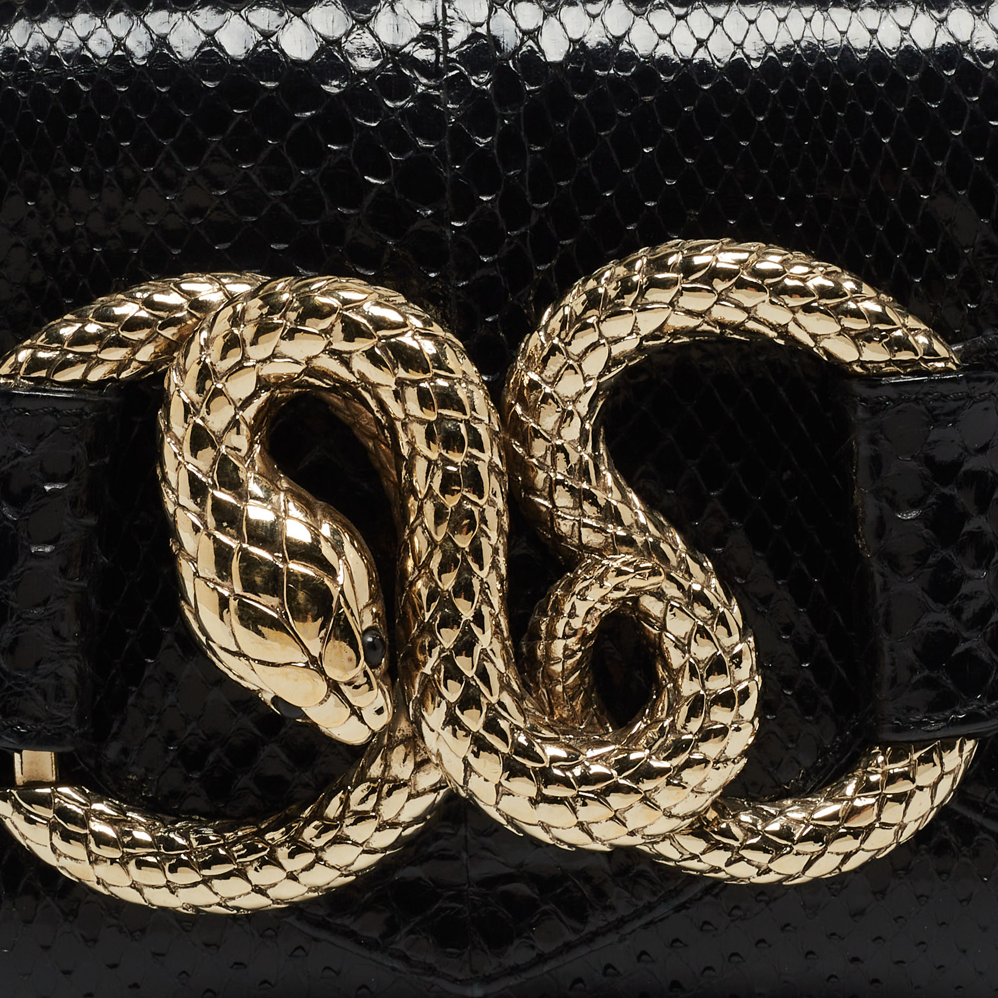 Roberto Cavalli Black Snakeskin Embellished Chain Clutch
