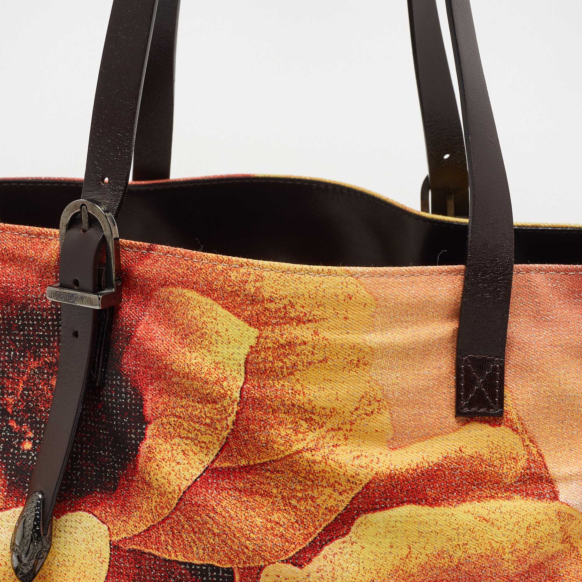 Roberto Cavalli Multicolor Floral Print Shimmer Fabric And Leather Tote