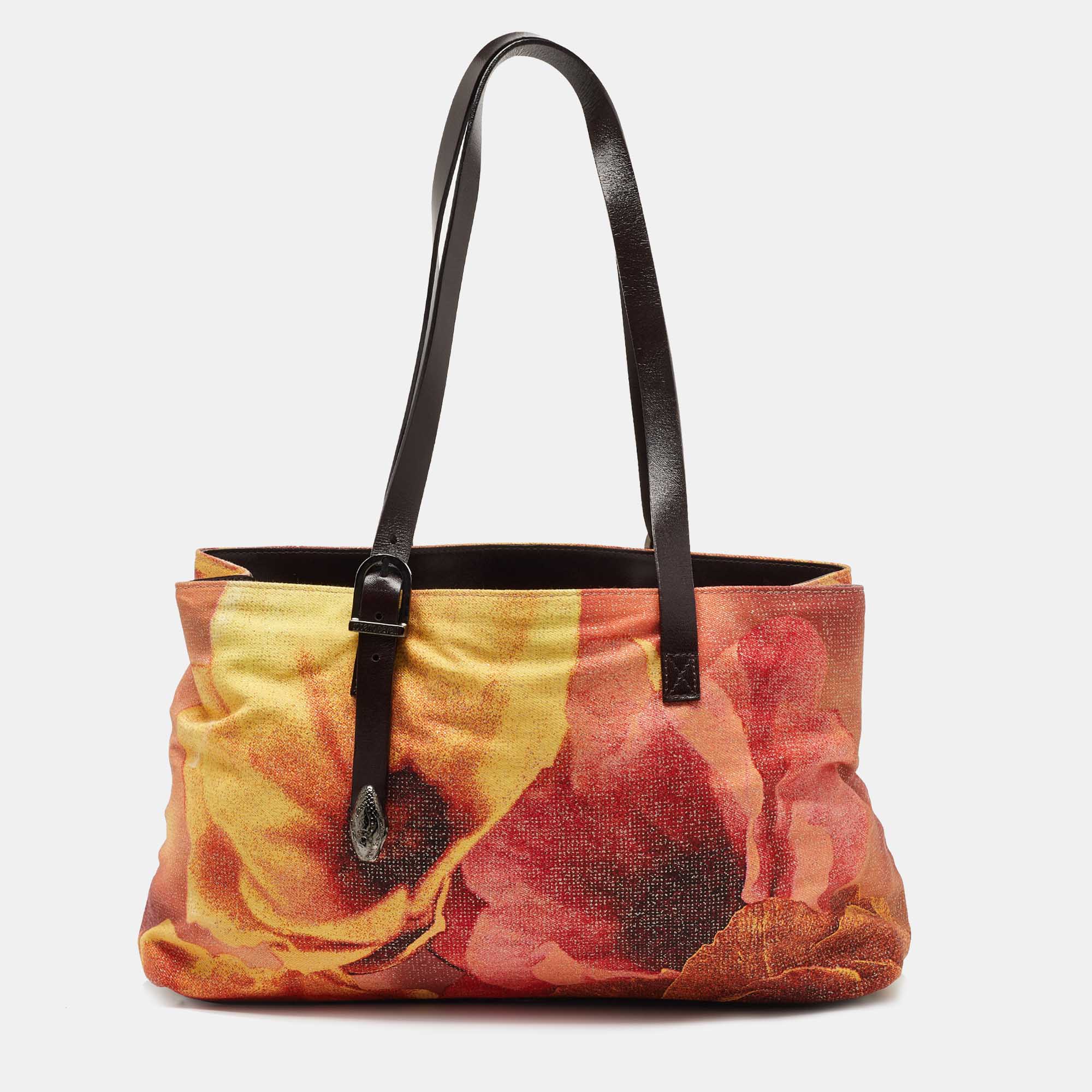 Roberto cavalli multicolor floral print shimmer fabric and leather tote