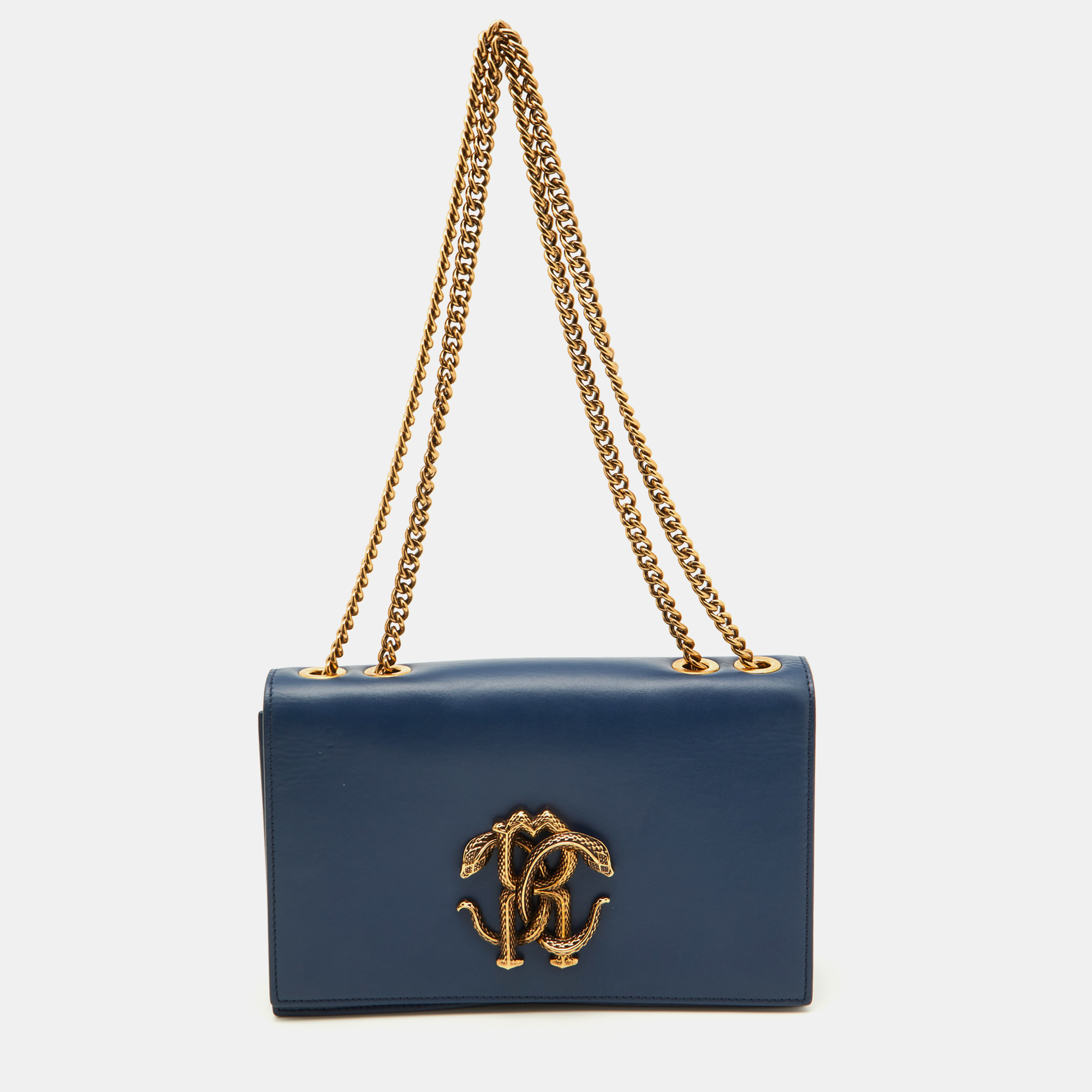 Roberto Cavalli Navy Blue Leather RC Monogram Flap Chain Bag