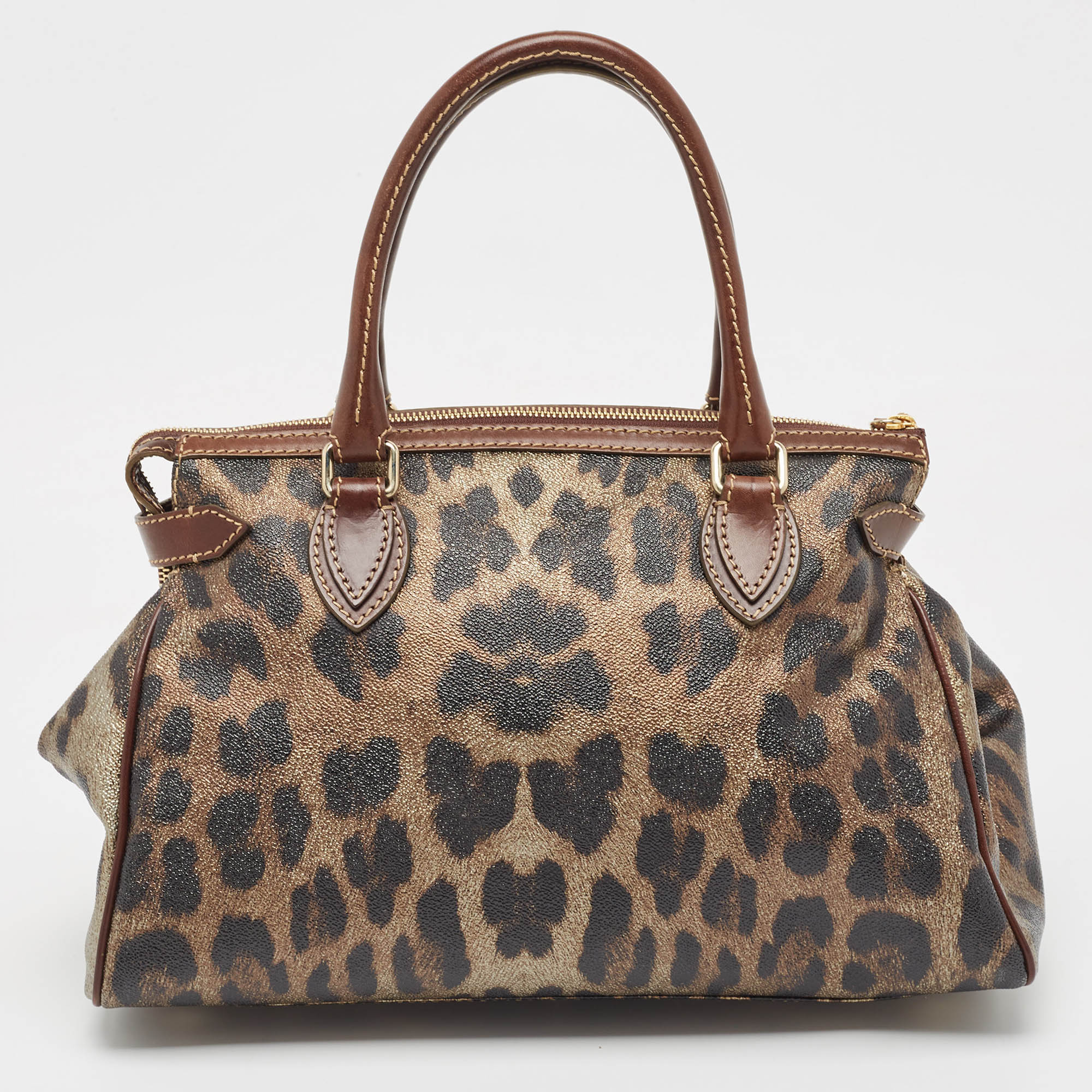 Roberto Cavalli Metallic/Brown Leopard Print Coated Canvas And Leather Zip Tote