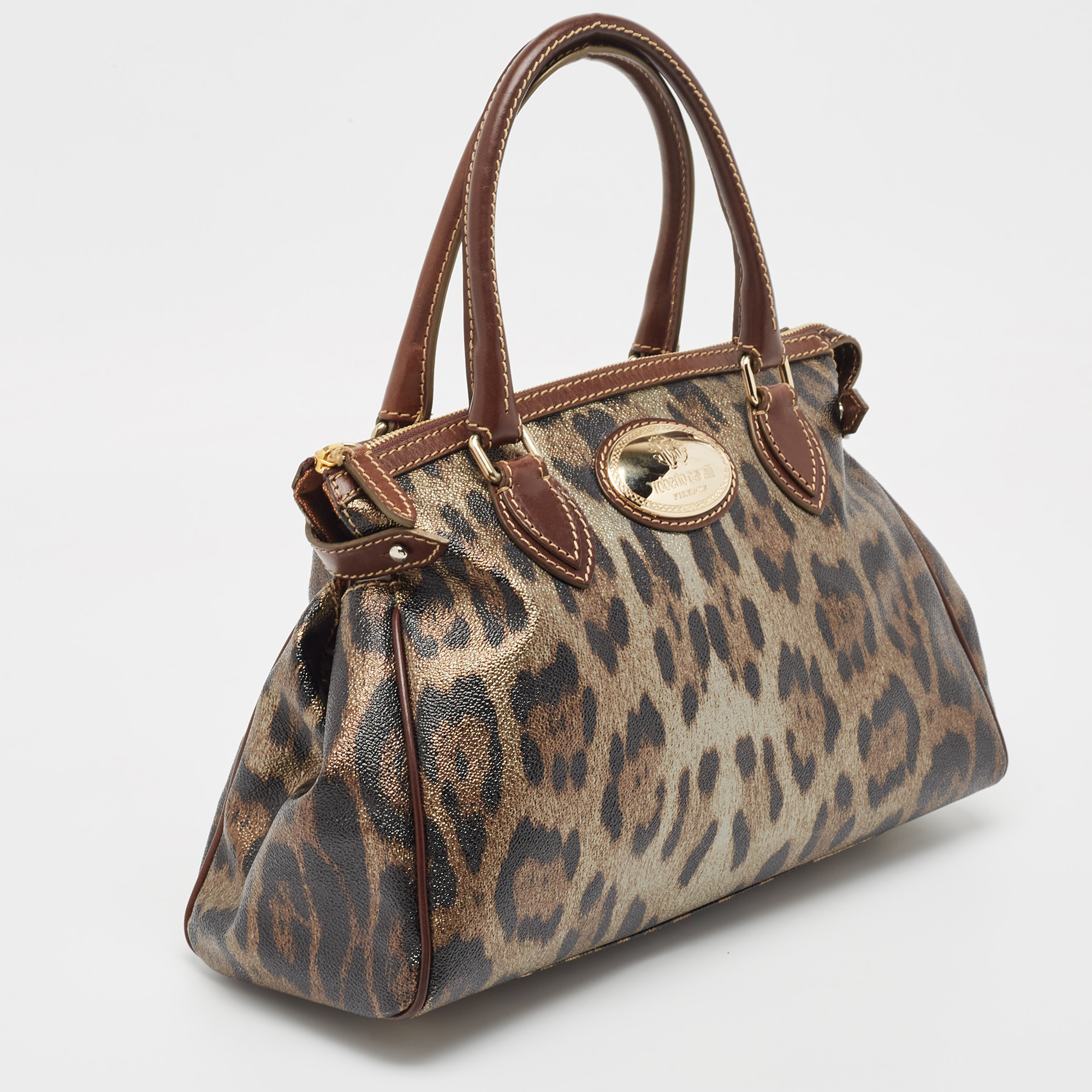 Roberto Cavalli Metallic/Brown Leopard Print Coated Canvas And Leather Zip Tote