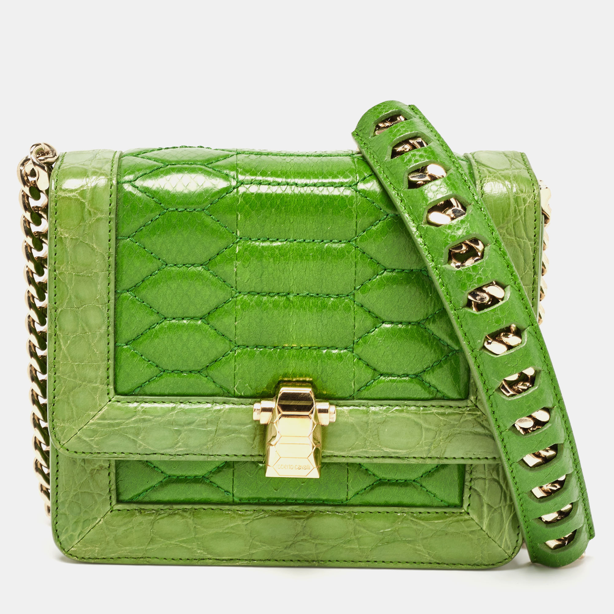 Roberto cavalli green croc and snakeskin flap chain bag