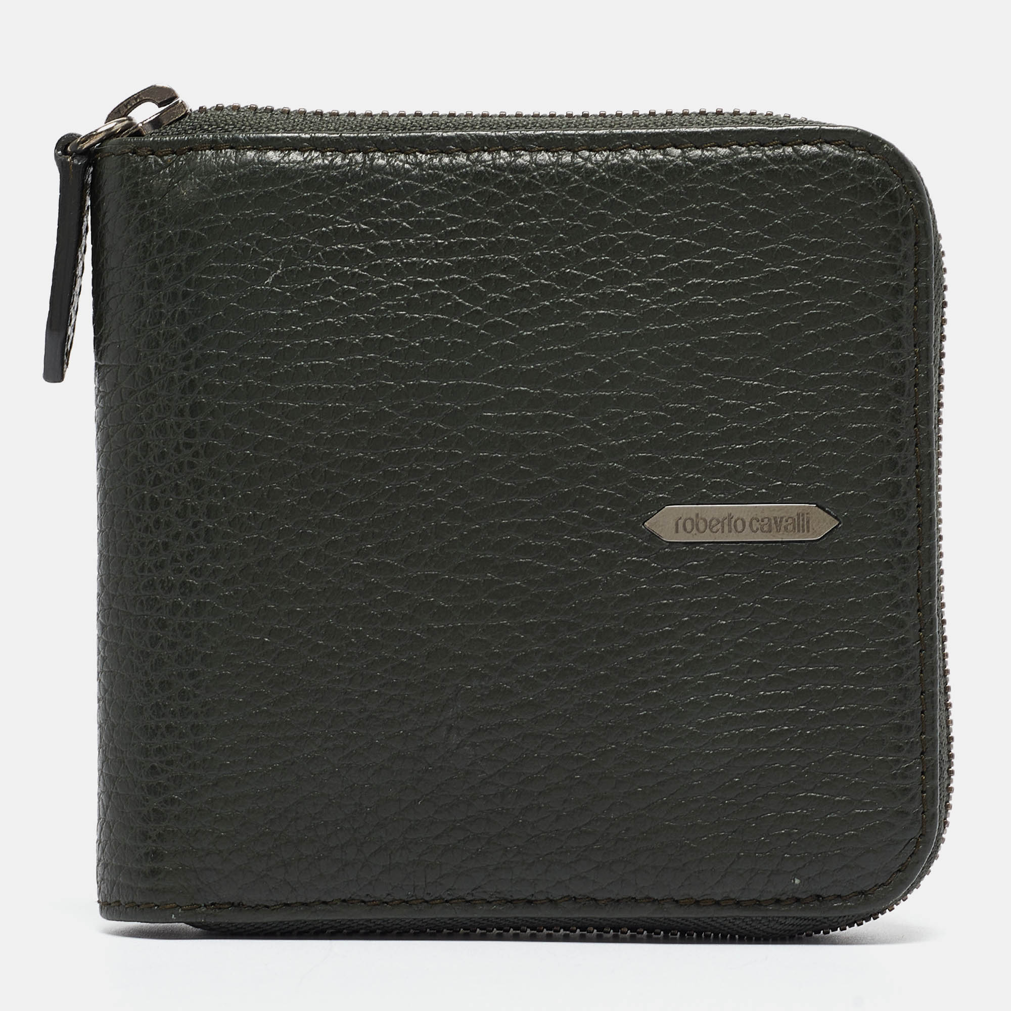 Roberto cavalli dark green leather zip around wallet