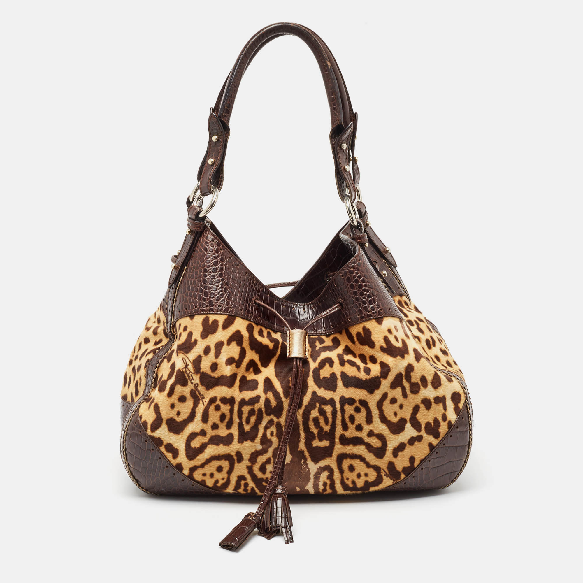 Roberto cavalli brown leopard print/croc embossed leather and calf hair drawstring hobo