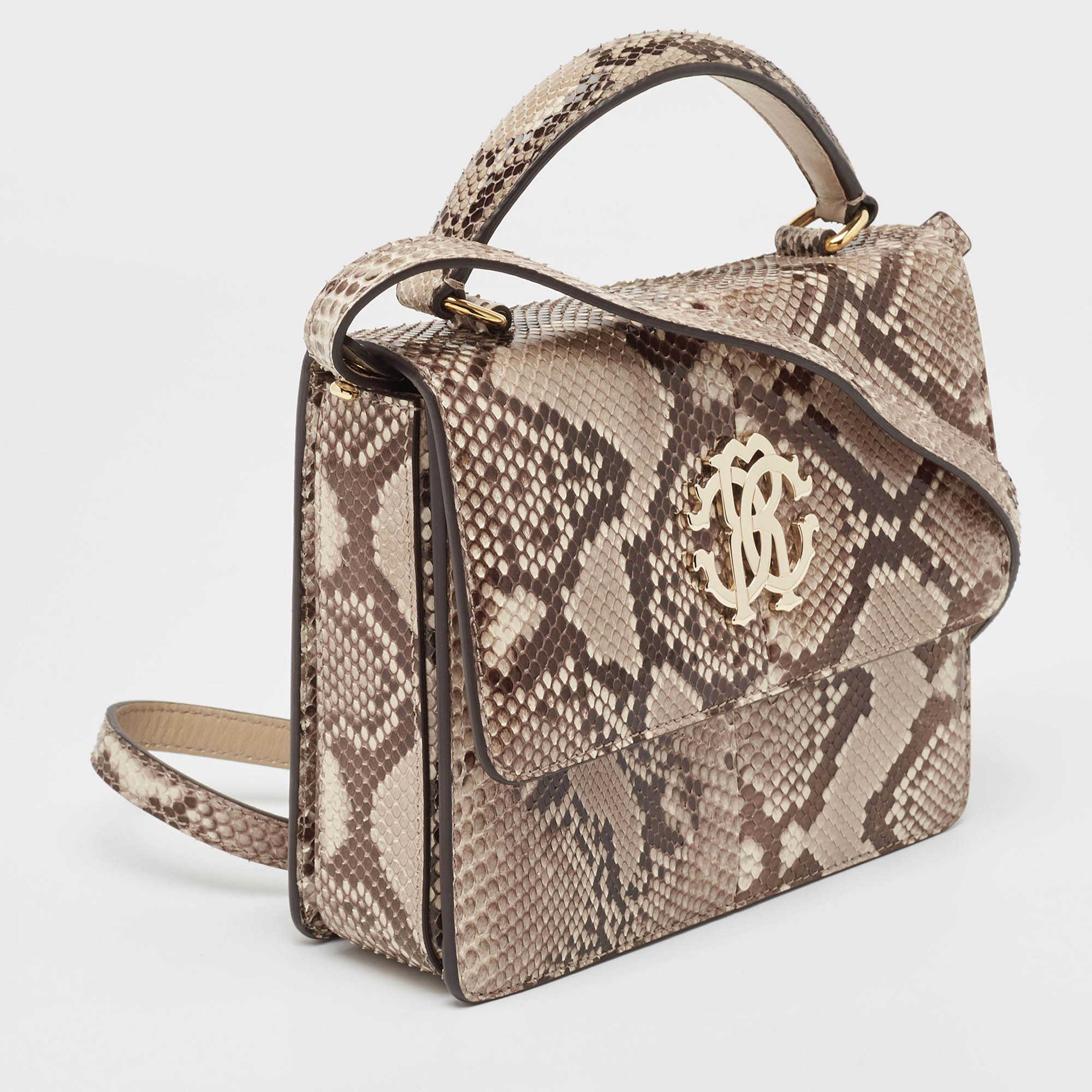 Roberto Cavalli Brown/Beige Python RC Flap Top Handle Bag