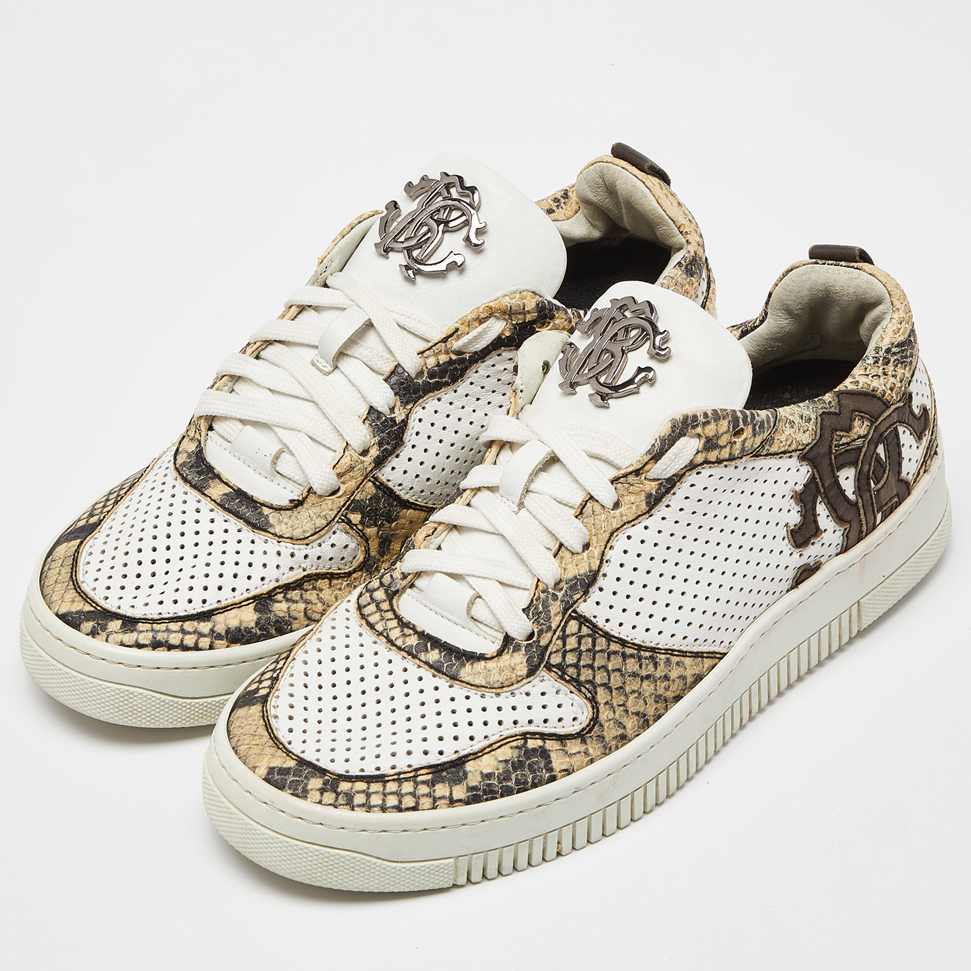 Roberto Cavalli White/Beige Perforated Python Embossed Leather Low Top Sneakers Size 40