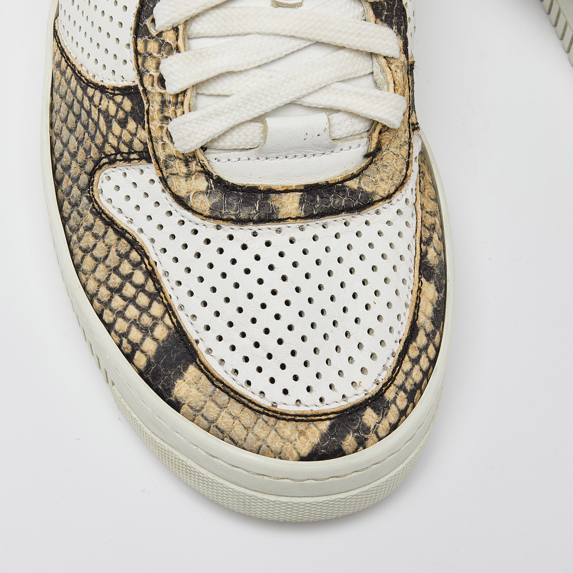 Roberto Cavalli White/Beige Perforated Python Embossed Leather Low Top Sneakers Size 40