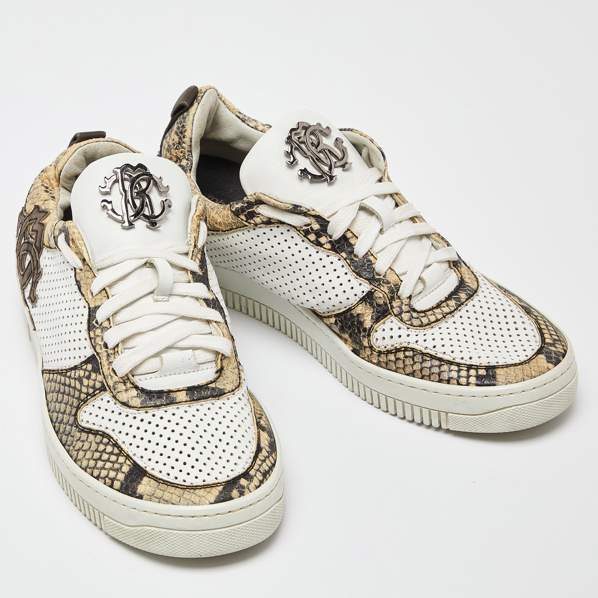 Roberto Cavalli White/Beige Perforated Python Embossed Leather Low Top Sneakers Size 40