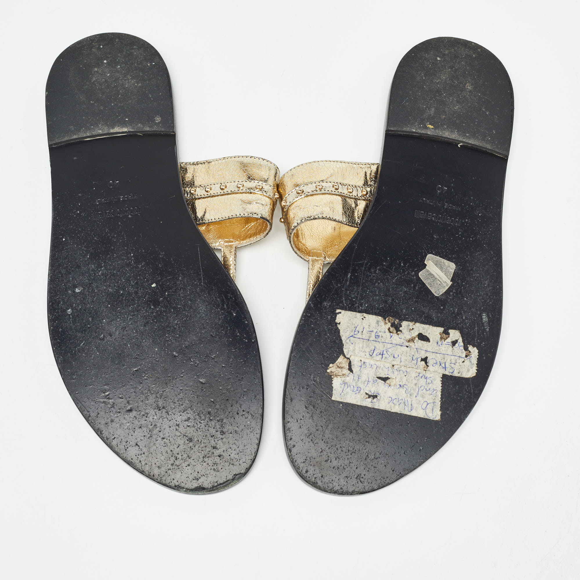 Roberto Cavalli Gold Crackled Leather Flat Slides Size 40